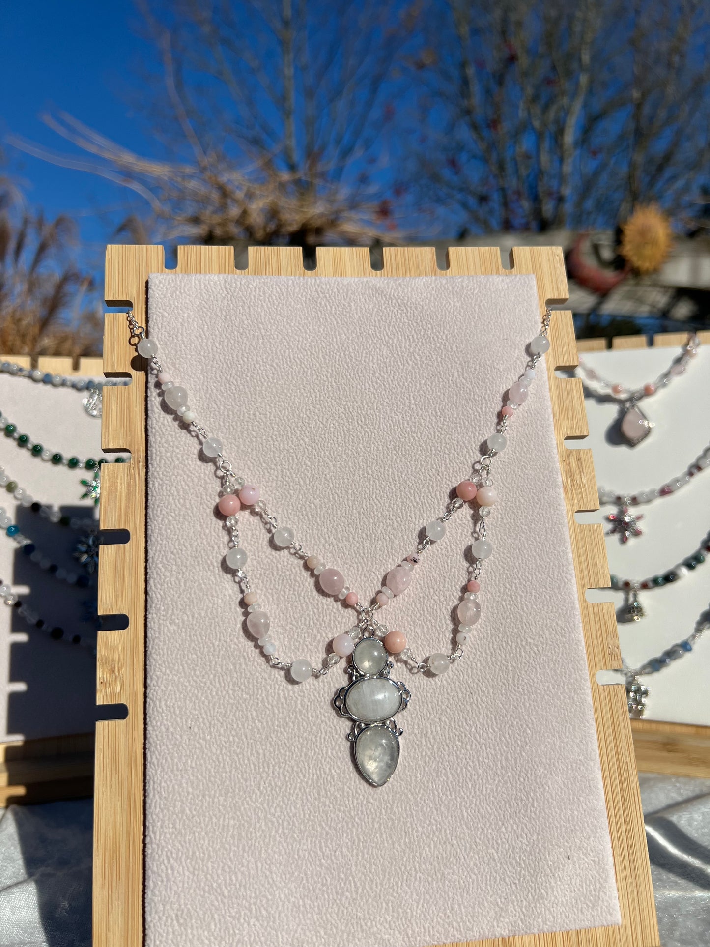 White Jade & Rose Quartz & Pink Opal & Clear Quartz festive necklace