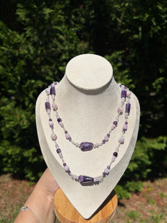 Amethyst, Kunzite, White Jade Double tiered necklace