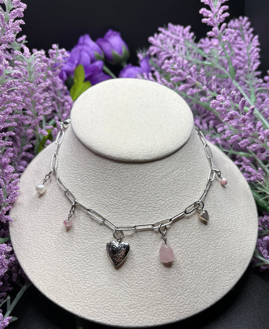 Pink Tourmaline, Rose Quartz, Freshwater Pearl, Queen Conch Shell charm necklace