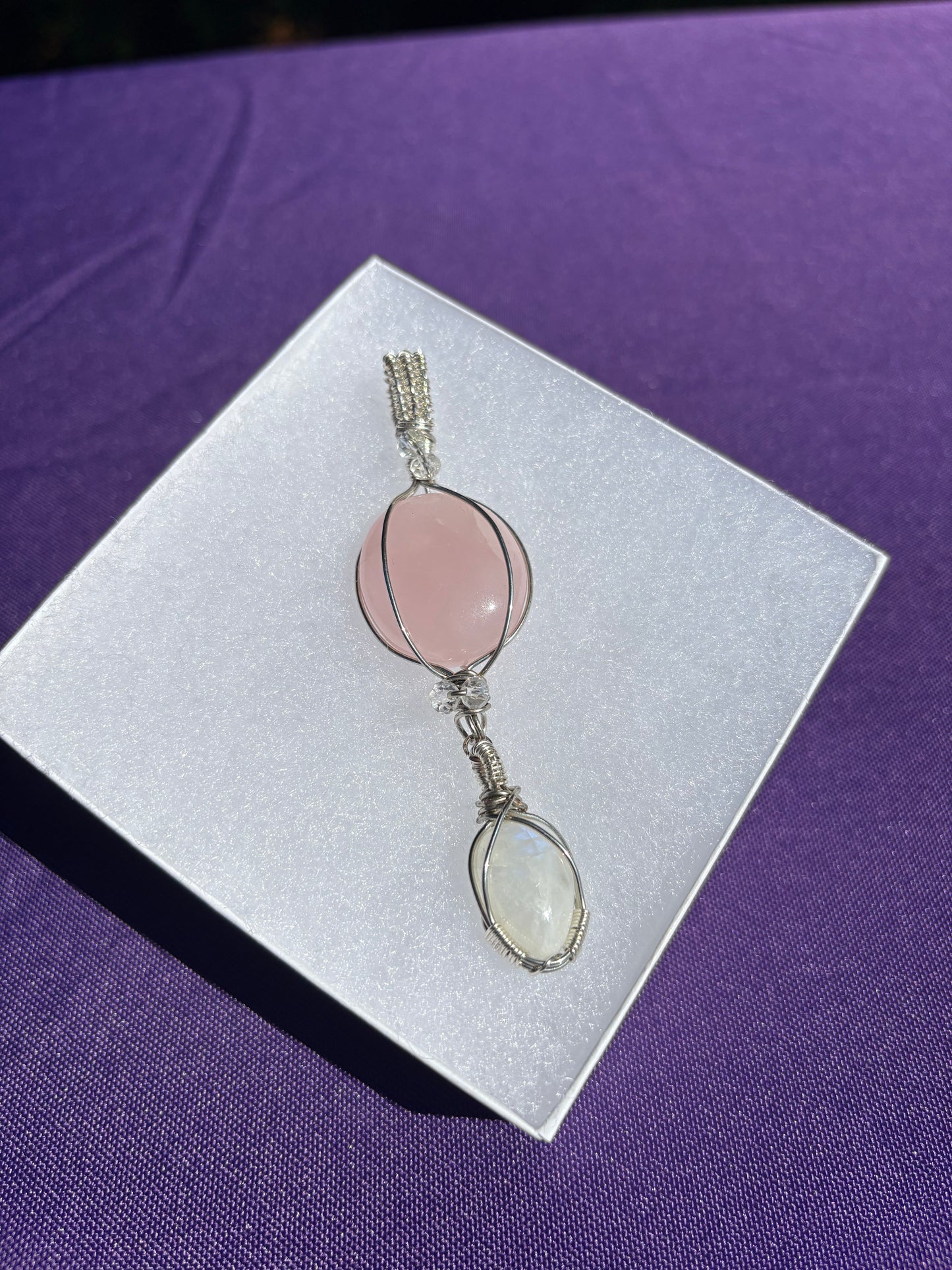 Rose Quartz, Rainbow Moonstone, Topaz Double Tiered Pendant
