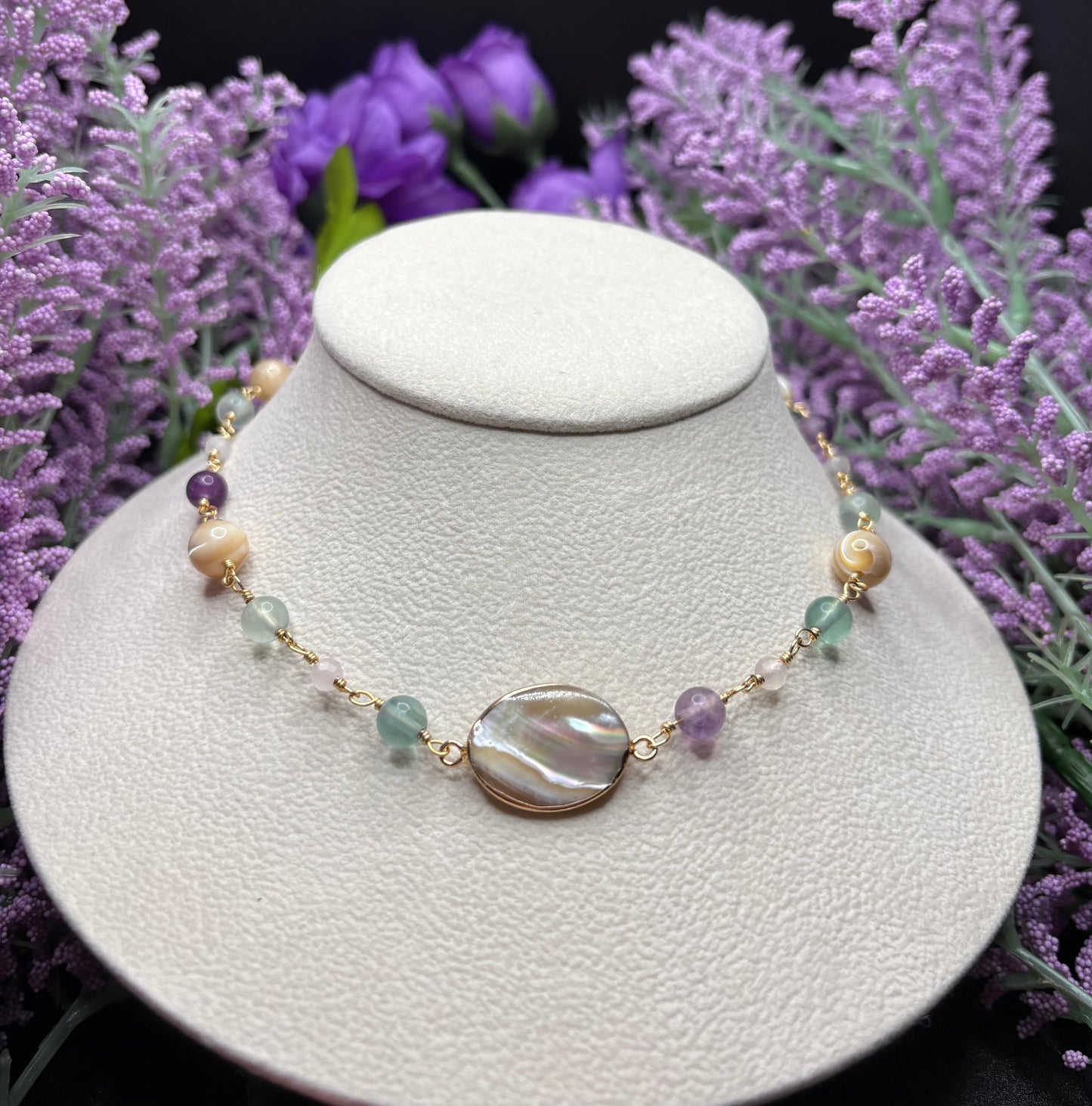 Fluorite, Rose Quartz, and Mother of Pearl necklaces