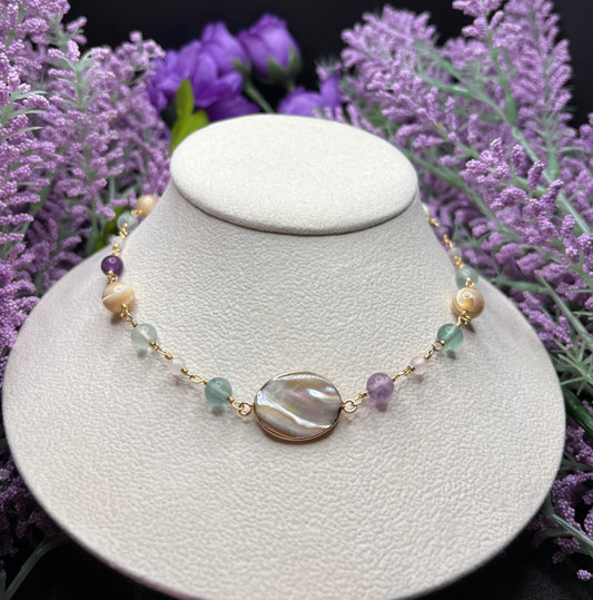 Fluorite, Rose Quartz, and Mother of Pearl necklaces