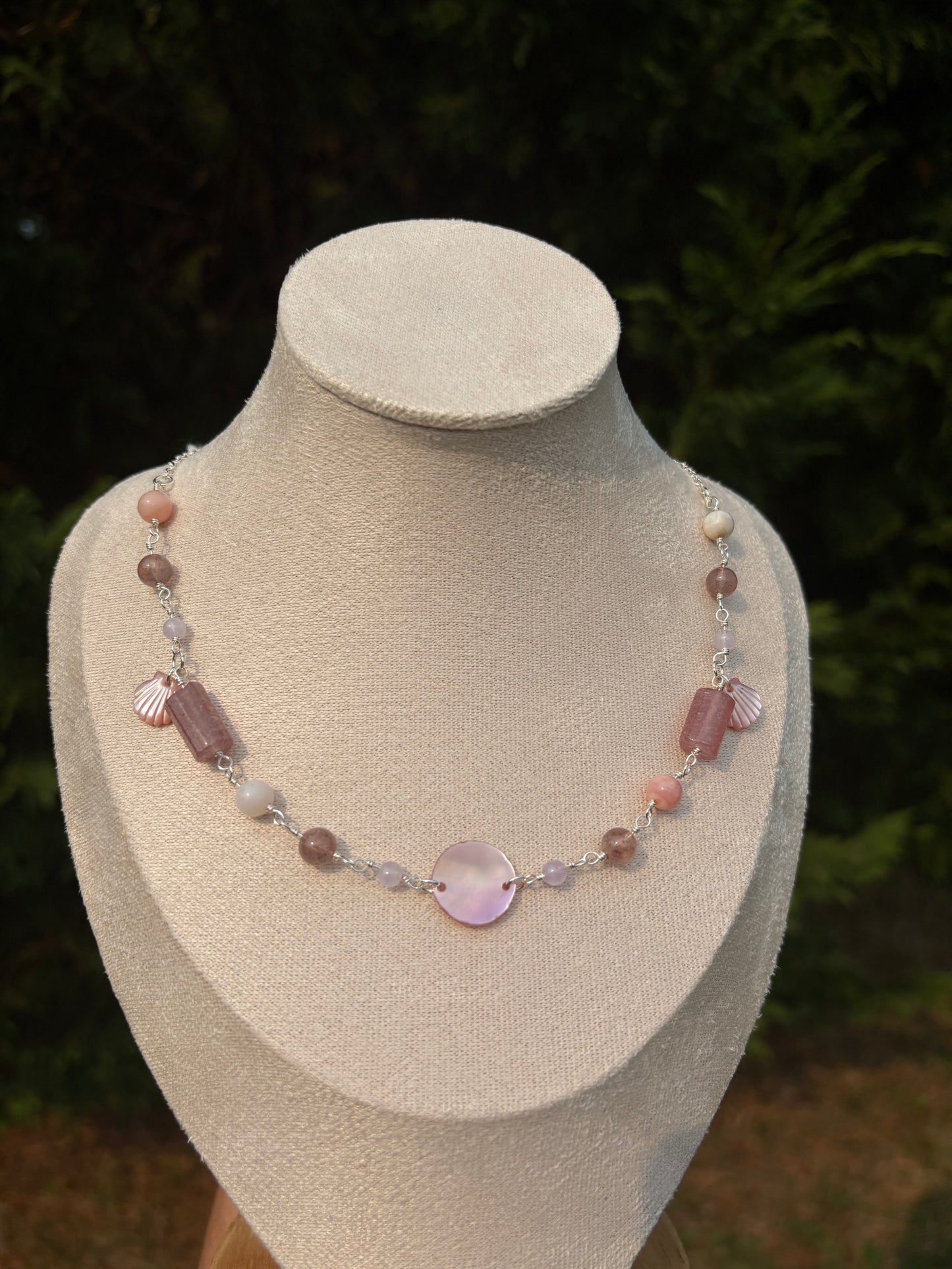 Peruvian Pink Opal, Strawberry Quartz, Lavender Amethyst, Pink Lip Shell necklace