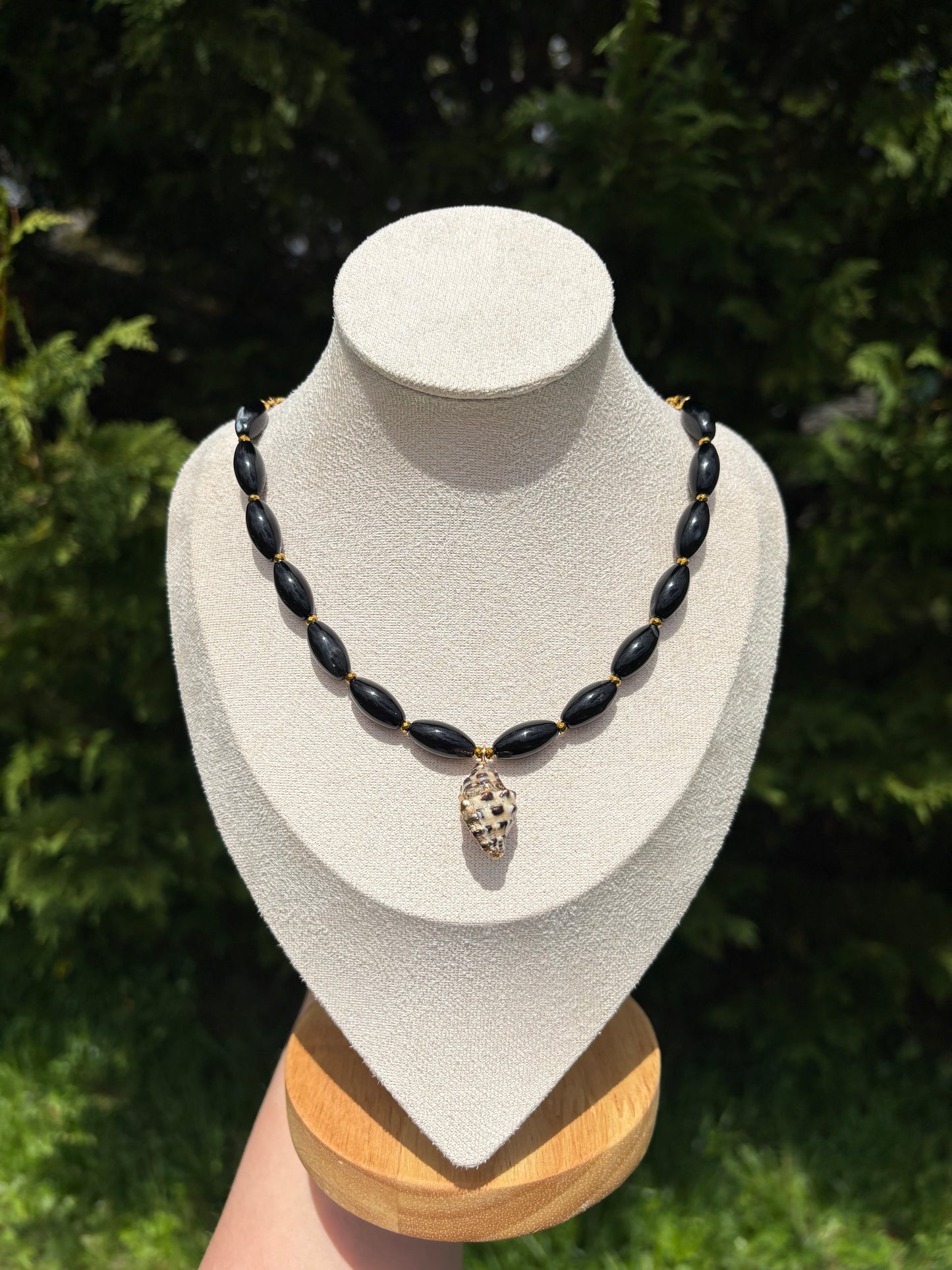 Black Sardonyx, Gold Hematite, Nassa Shell Necklace