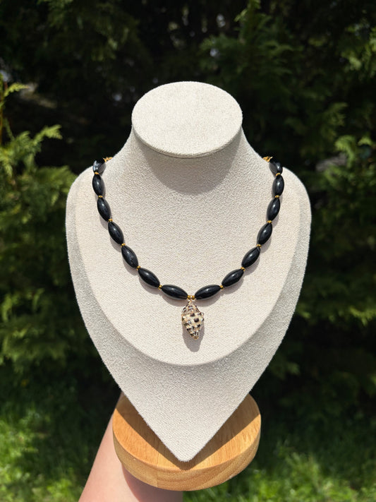 Black Sardonyx, Gold Hematite, Nassa Shell Necklace