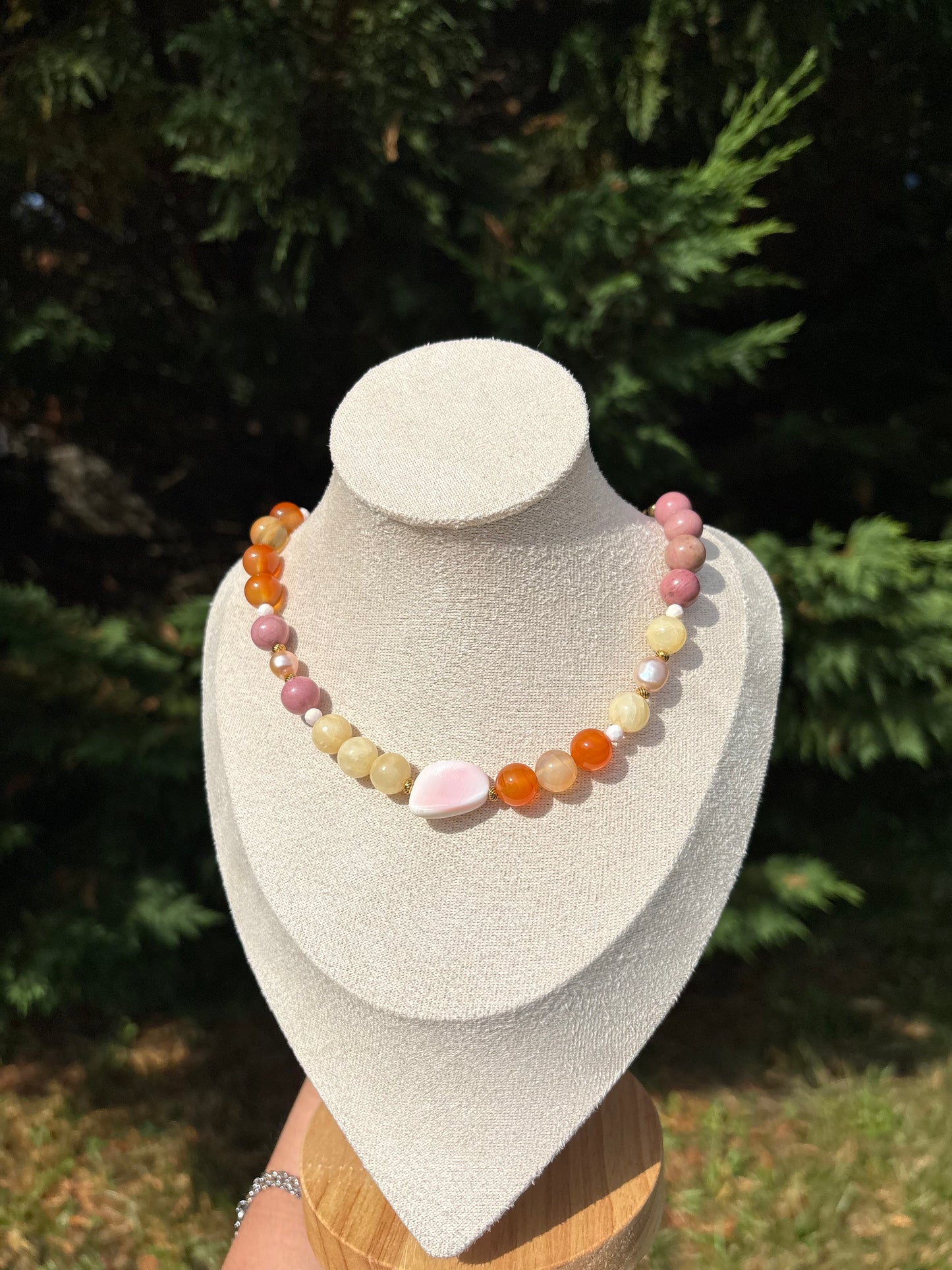 Queen Conch Shell, Carnelian, Rhodonite, Yellow Calcite and Pink Freshwater Pearl necklace