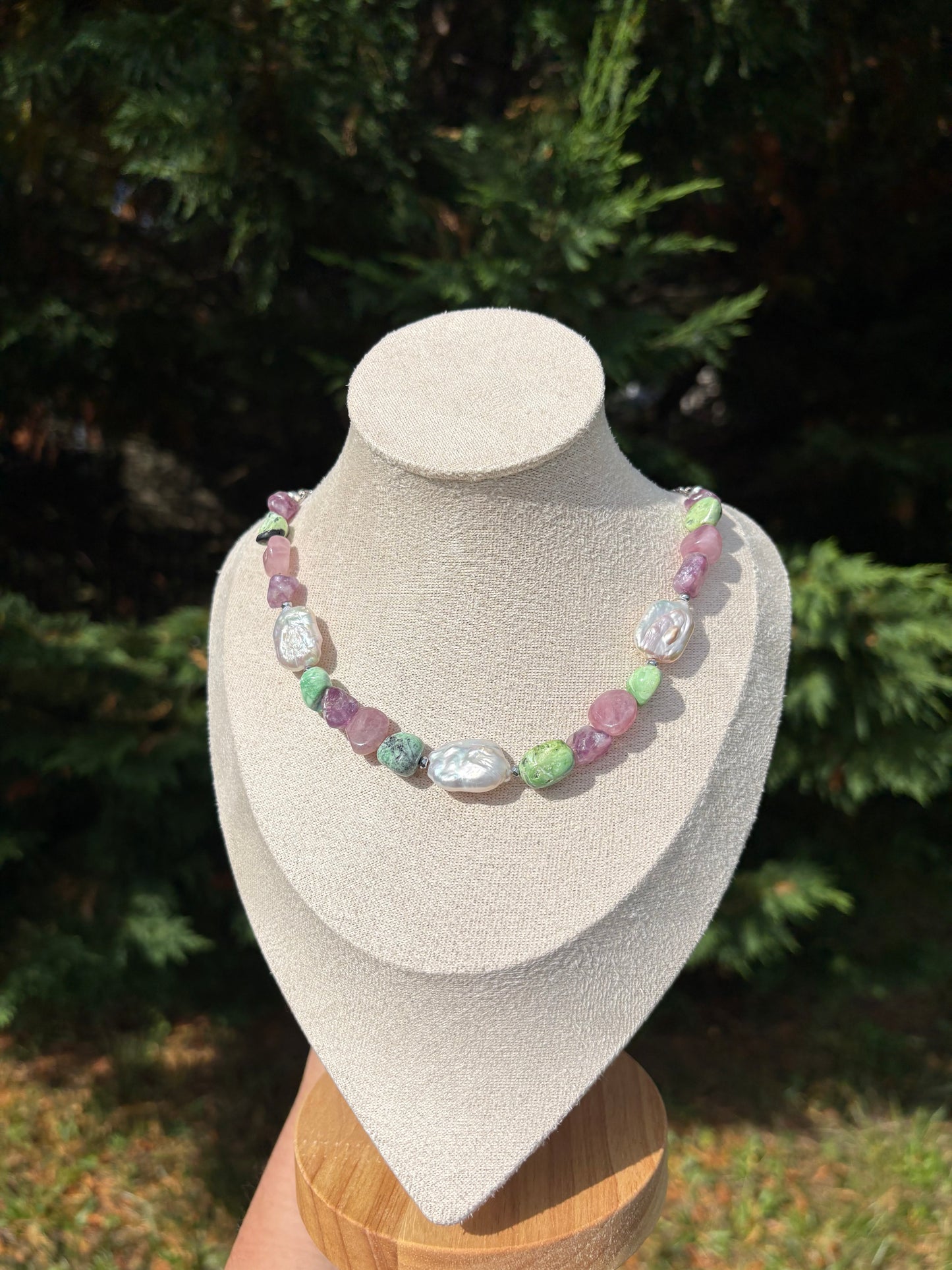 Variscite, Lepidolite, Baroque Freshwater Pearl, Rose Quartz necklace