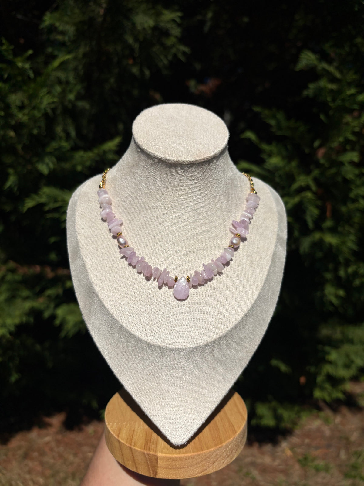 Kunzite and Purple Freshwater Pearl necklace