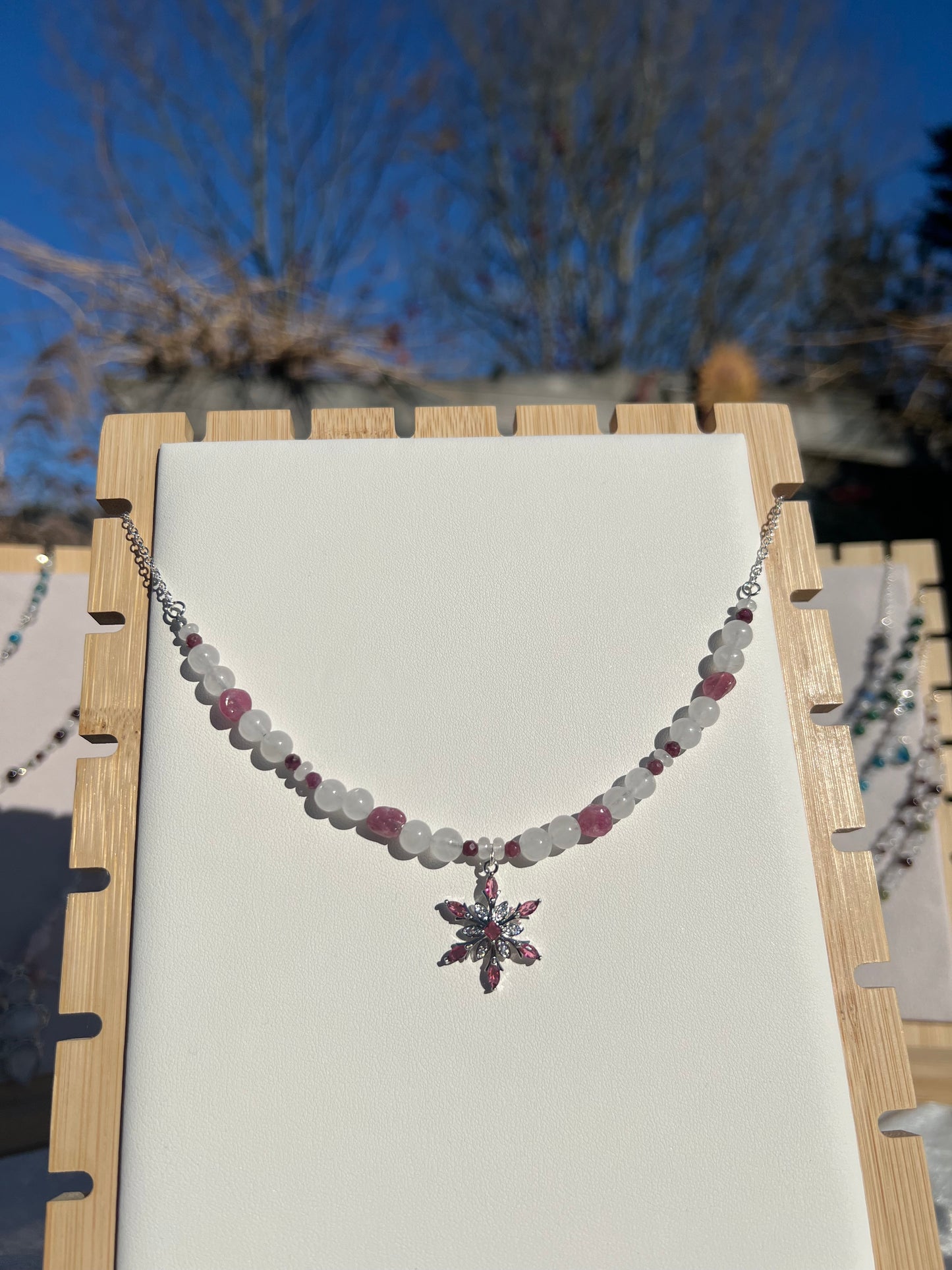 Pink Tourmaline & White Jade festive necklace