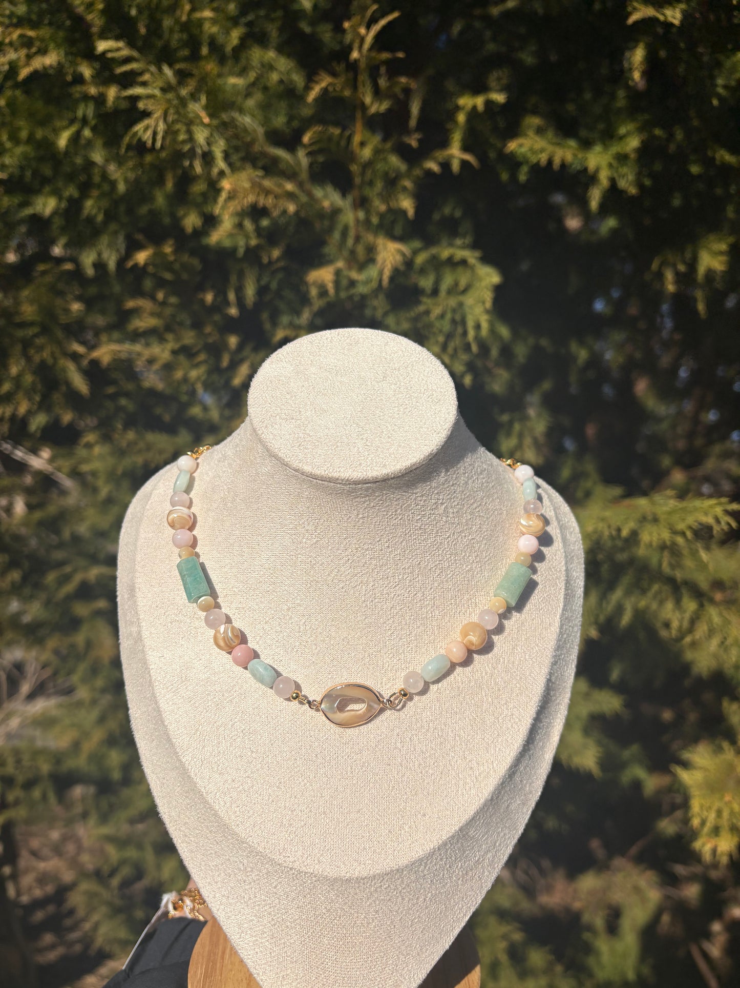 Mother of Pearl, Rose Quartz, Pink Opal, and Amazonite necklace