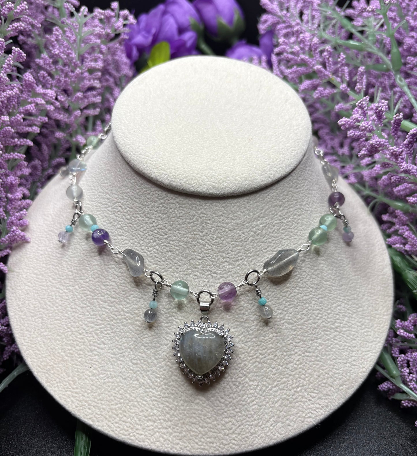 Amethyst, Labradorite, Amazonite, and Fluorite Heart necklace