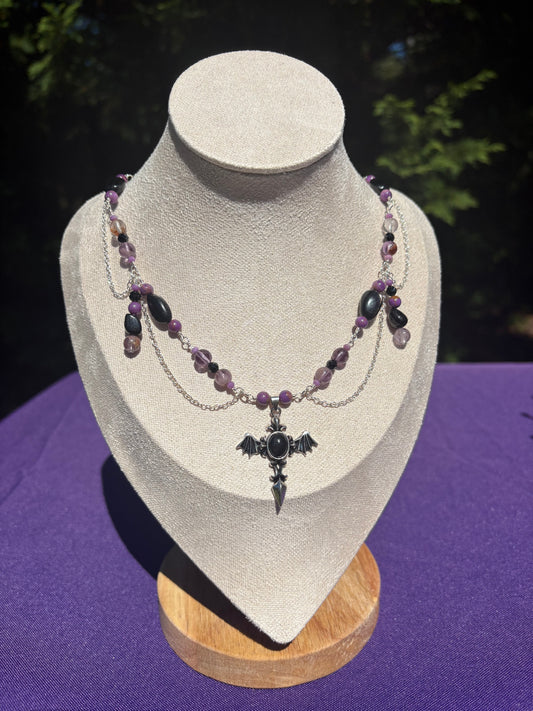 Phosphosiderite, Amethyst Cacoxenite, Hypersthene Bat Spooky Necklace