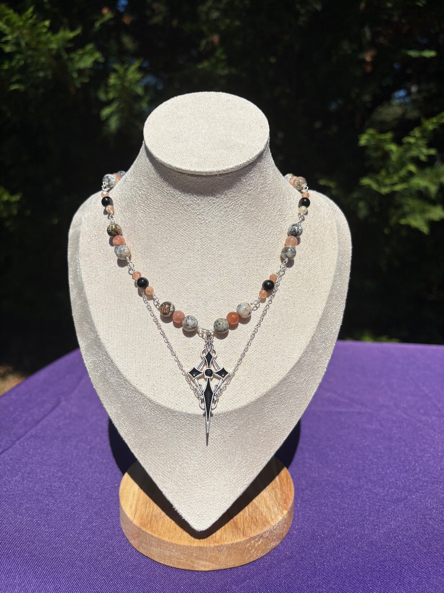 Peach Moonstone, Dendritic Opal, Jet, Sunstone Spooky necklace