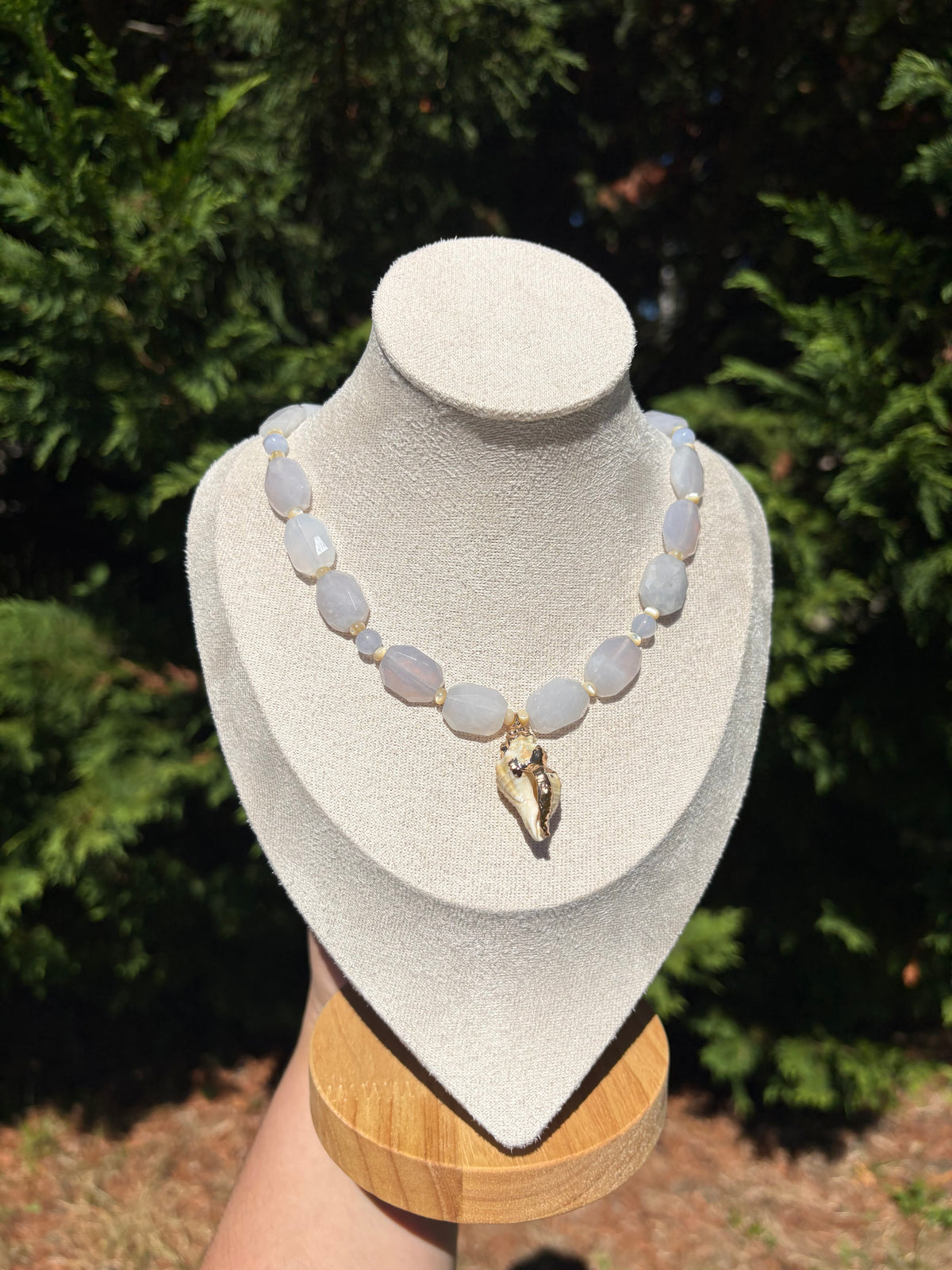 Blue Rose Quartz, Blue Lace Agate, Mother of Pearl, Light Brown Conch Shell necklace
