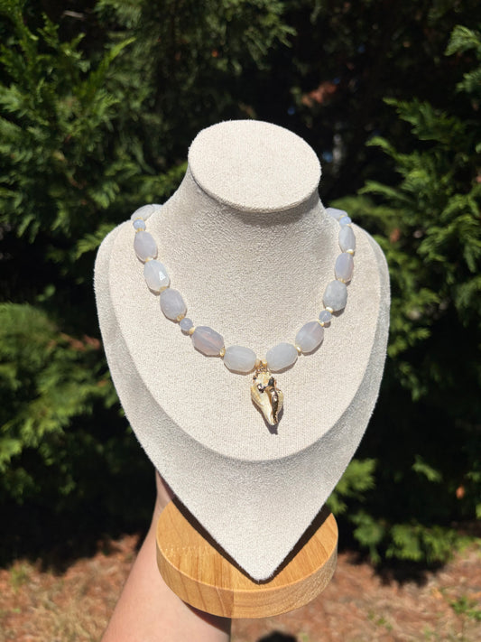 Blue Rose Quartz, Blue Lace Agate, Mother of Pearl, Light Brown Conch Shell necklace
