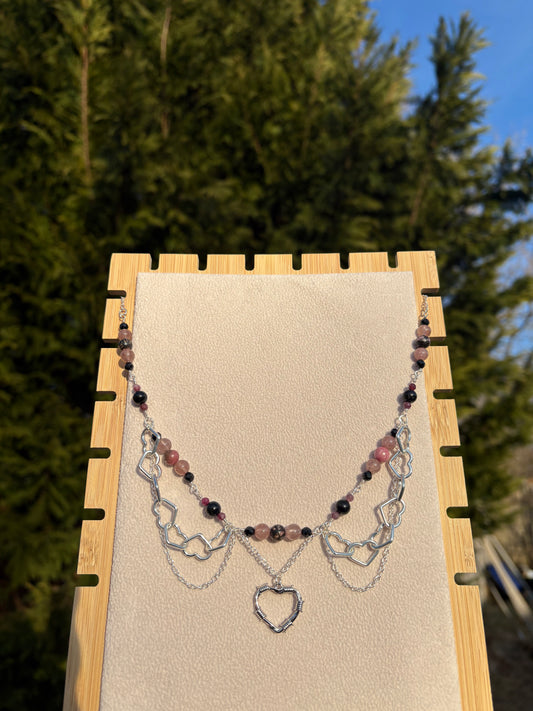 Rhodonite, Strawberry Quartz, Pink Tourmaline, Black Tourmaline, Black Spinel Cupid’s necklace
