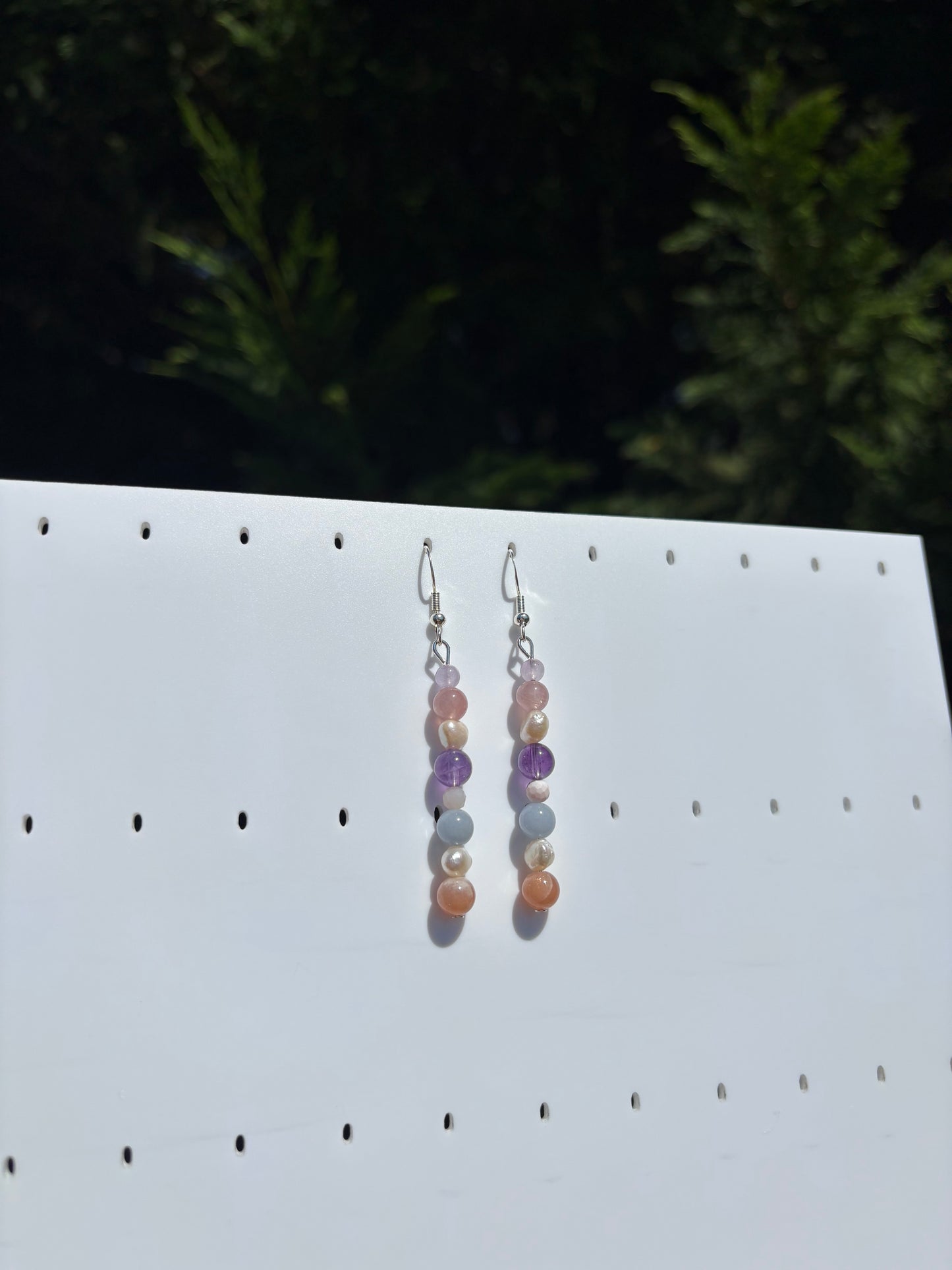 Rose Quartz, Peach Moonstone, Amethyst, Angelite & Freshwater Pearl earrings