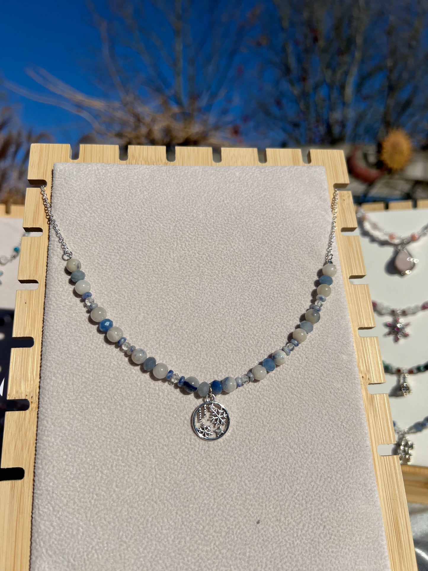 Blue Aventurine & Dumortierite in Quartz & Topaz & Snowflake Sodalite festive necklace