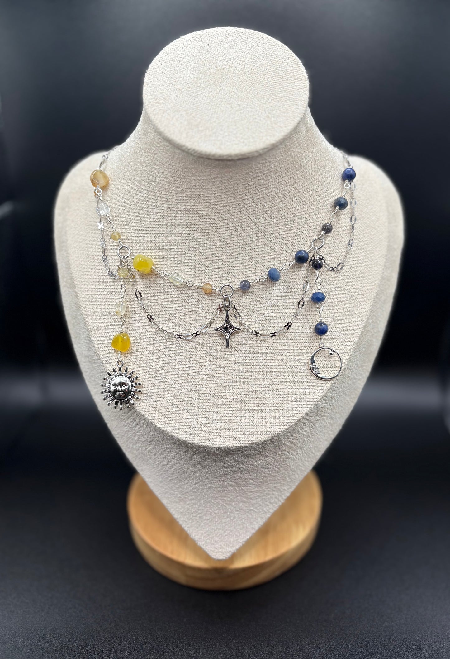 Yellow Opal, Topaz, Yellow Apatite, Iolite, Blue Aventurine, and Sodalite Sun & Moon necklace