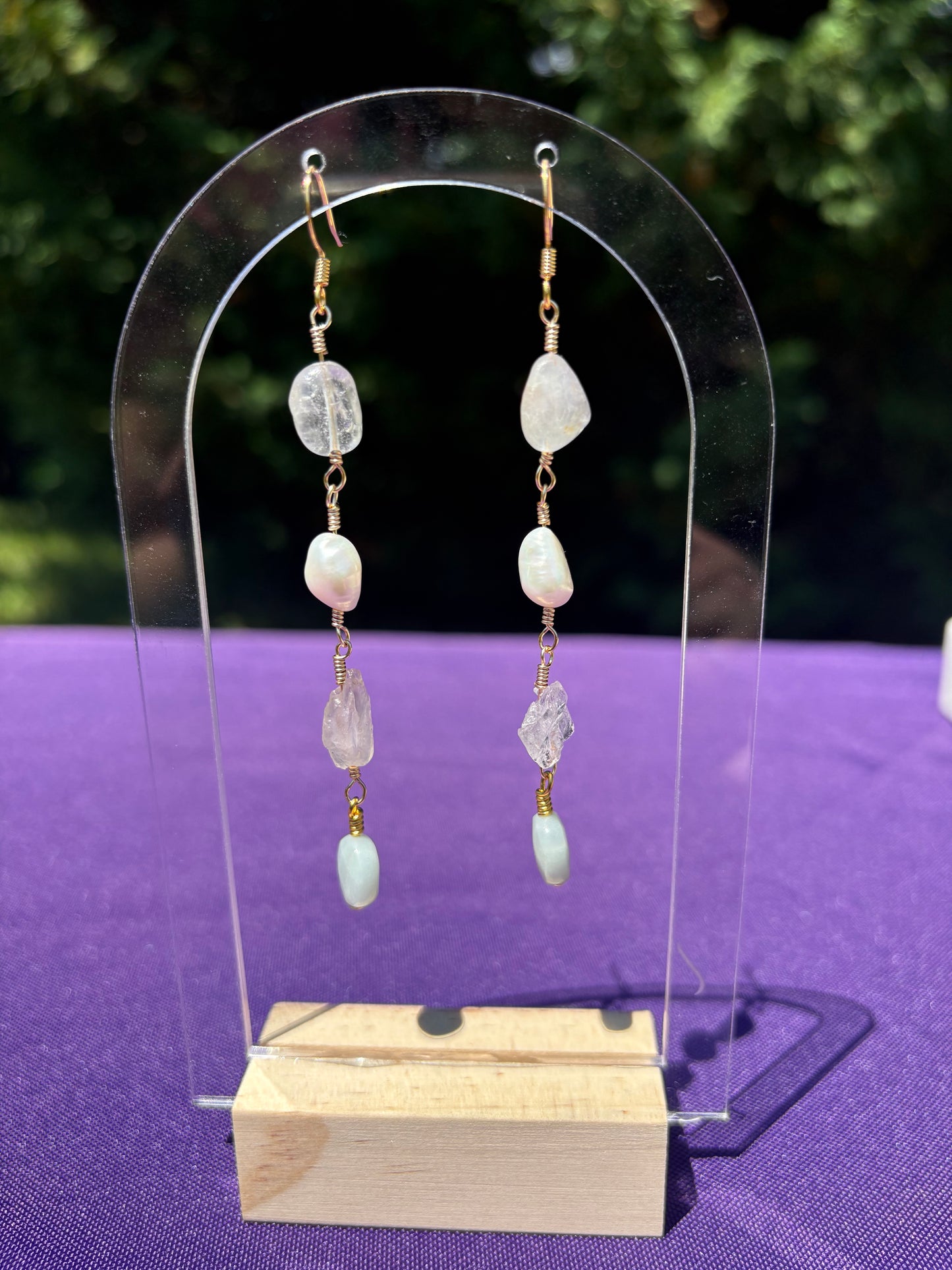 Topaz, Freshwater Pearl, Beryl, Amazonite earrings