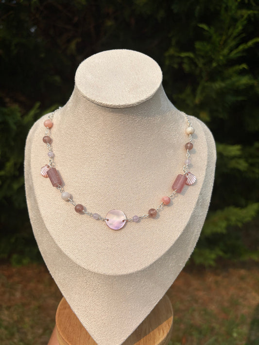 Peruvian Pink Opal, Strawberry Quartz, Lavender Amethyst, Pink Lip Shell necklace