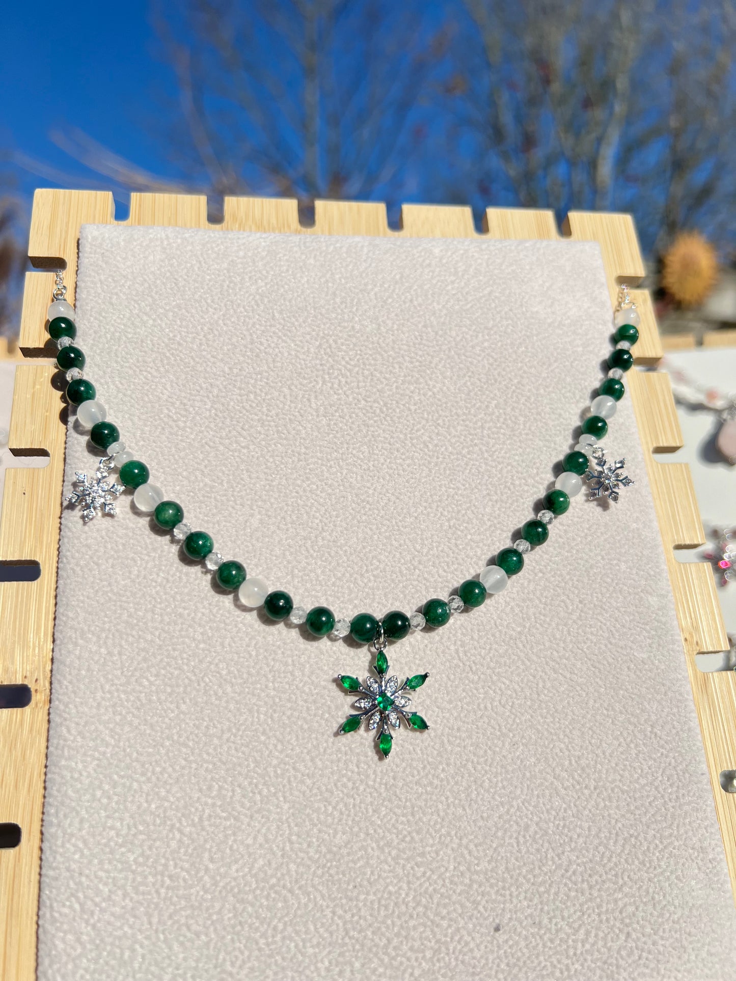 Green Muscovite & Selenite & Topaz & White Jade festive necklace