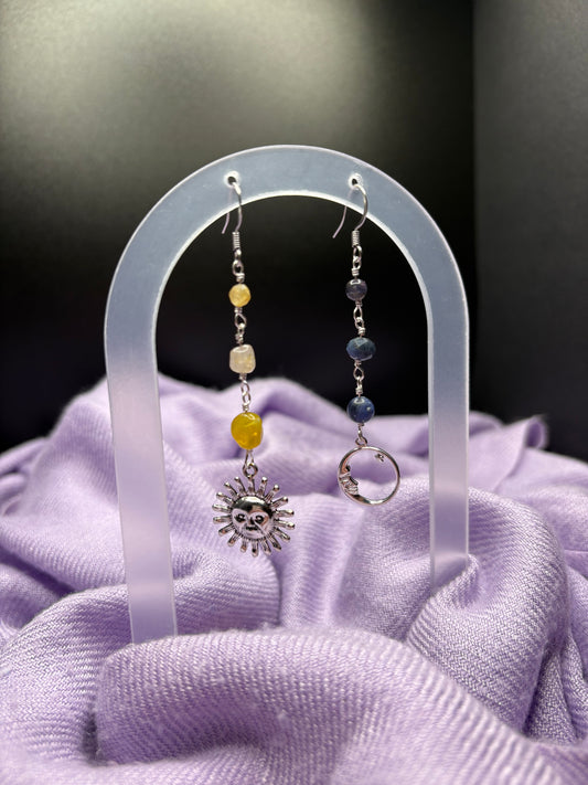 Yellow Opal, Topaz, Yellow Apatite, Iolite, Blue Aventurine, and Sodalite Sun & Moon earrings
