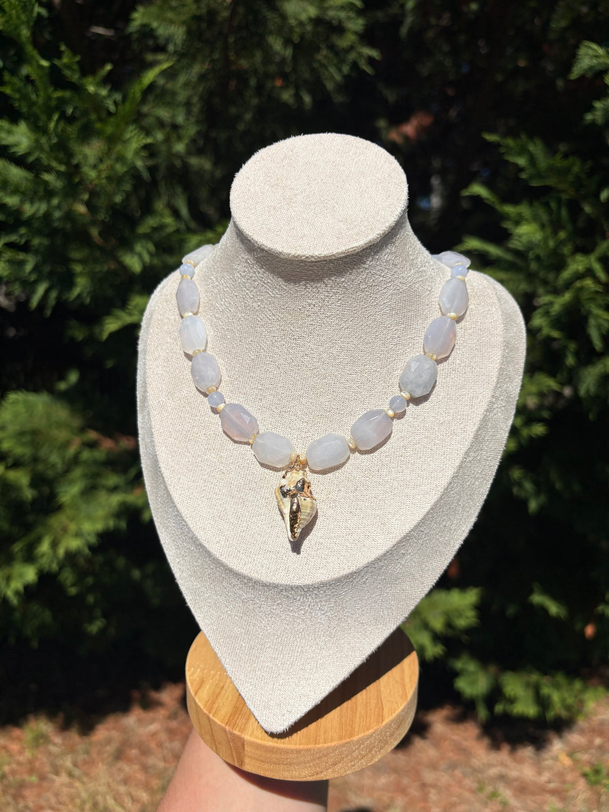 Blue Rose Quartz, Blue Lace Agate, Mother of Pearl, Light Brown Conch Shell necklace