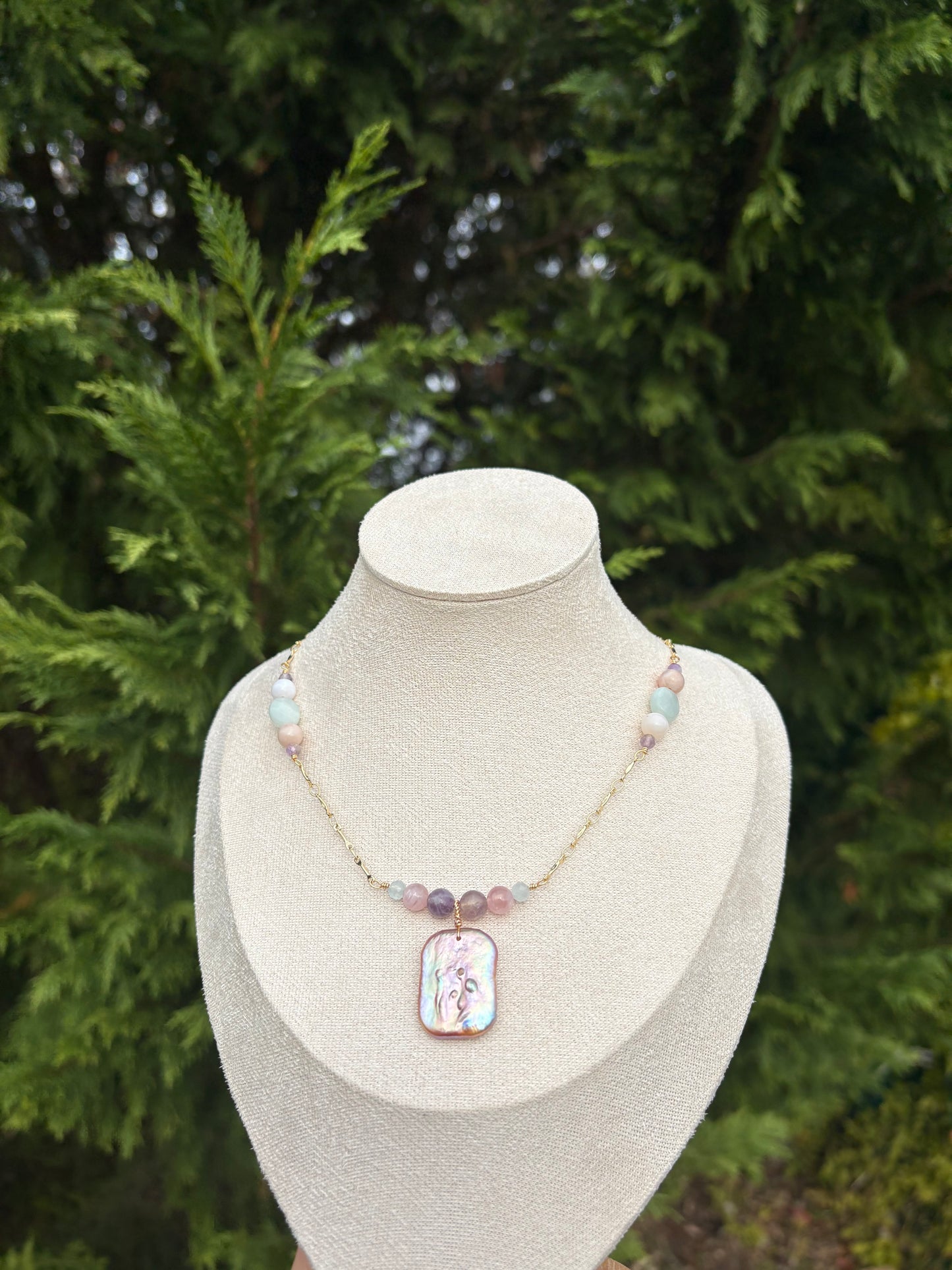 Rose Quartz, Lepidolite, Amazonite, Peruvian Pink Opal, and Natural Pink / Purple Baroque Pearl necklace
