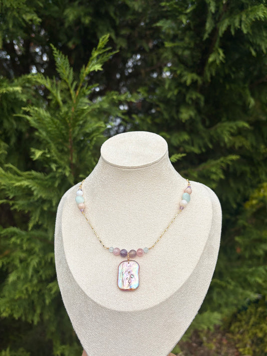 Rose Quartz, Lepidolite, Amazonite, Peruvian Pink Opal, and Natural Pink / Purple Baroque Pearl necklace