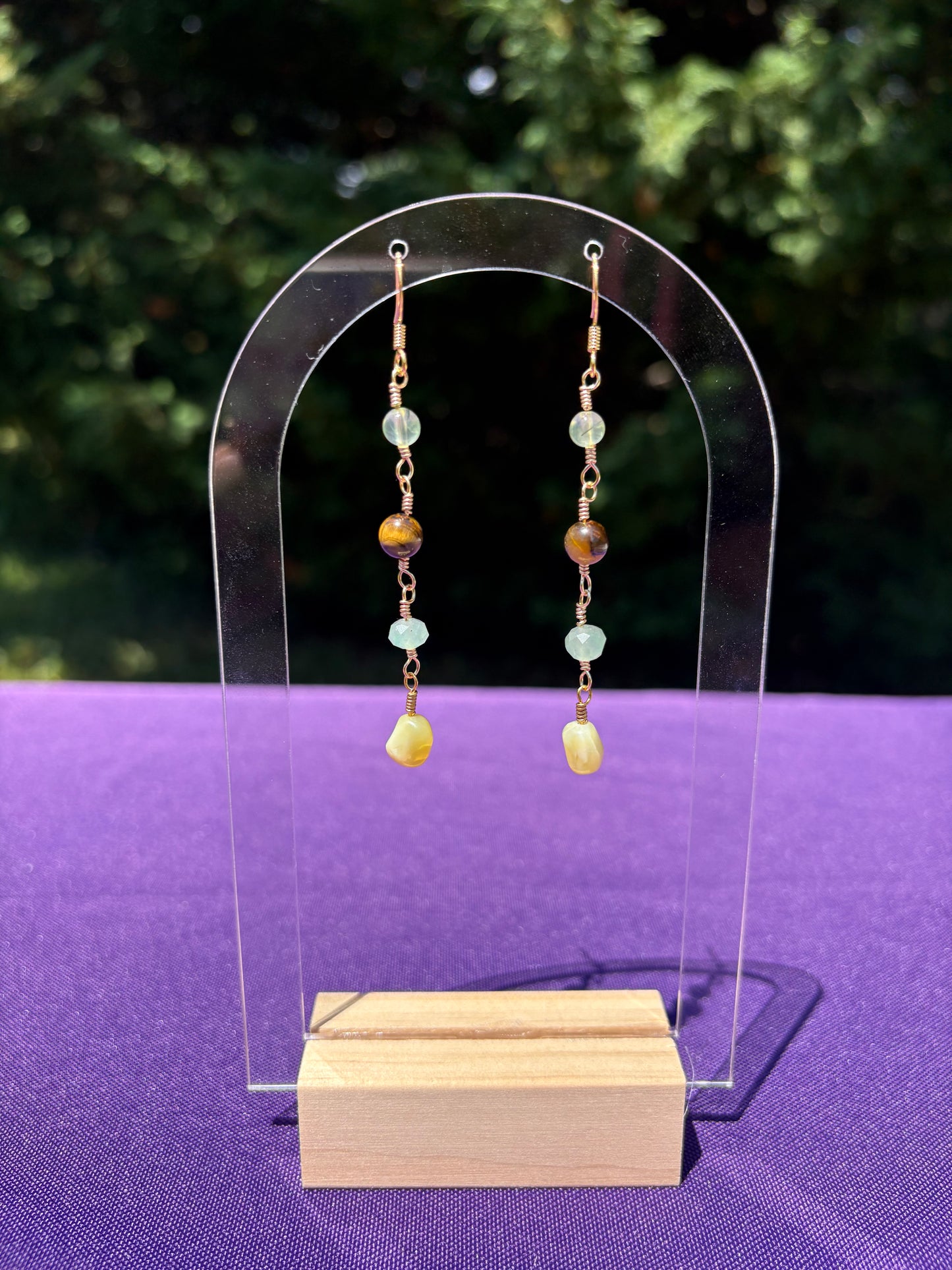 Prehnite, Tiger Eye, Green Aventurine, and Yellow Opal earrings