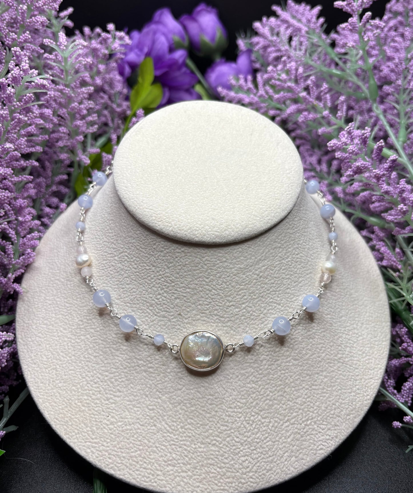 Blue Lace Agate, Rose Quartz, and Freshwater Pearl necklace