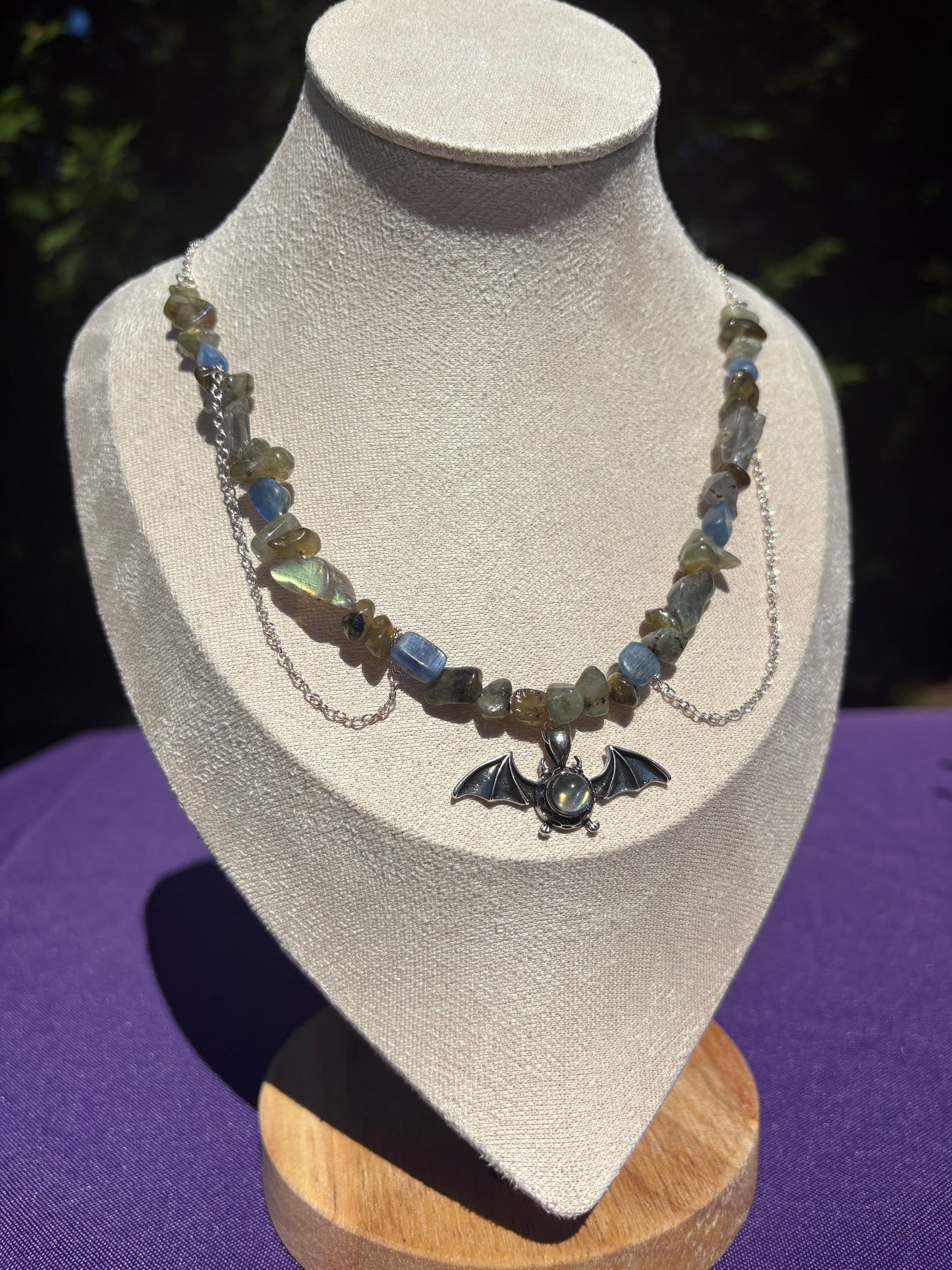 Blue Kyanite & Labradorite Bat Spooky Necklace