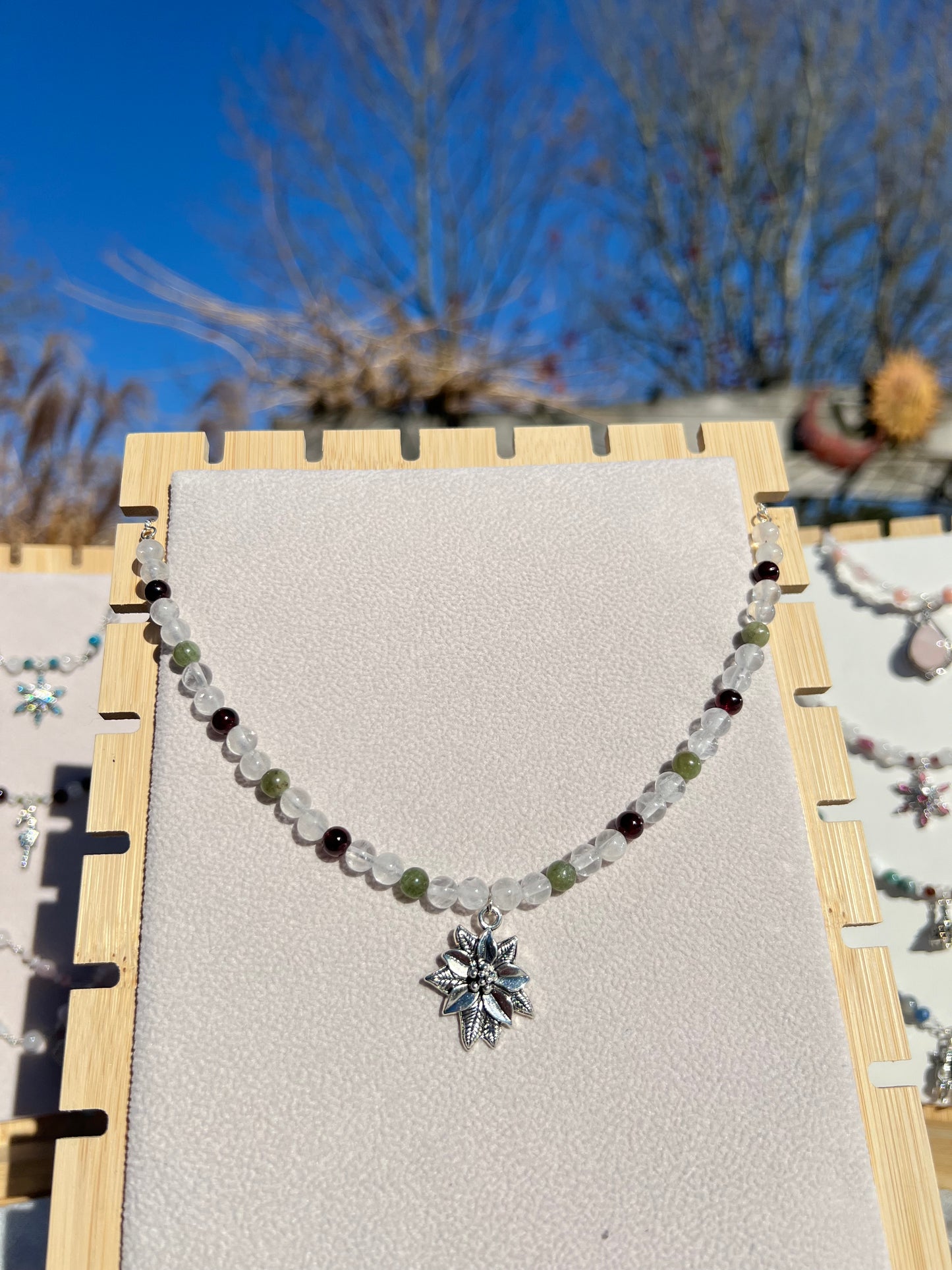 Garnet & Green Apatite & Clear Quartz Poinsettia festive necklace