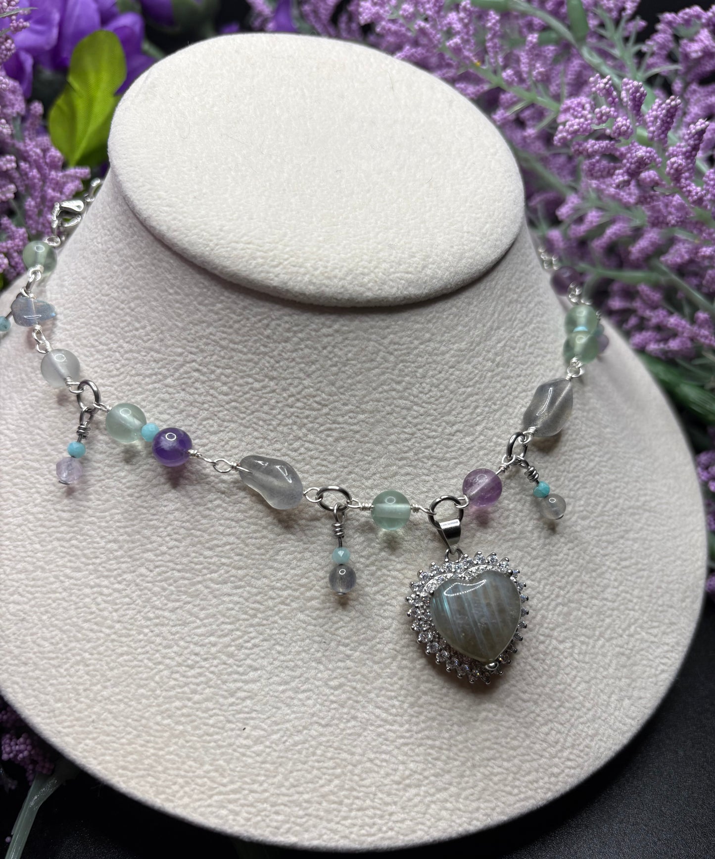 Amethyst, Labradorite, Amazonite, and Fluorite Heart necklace