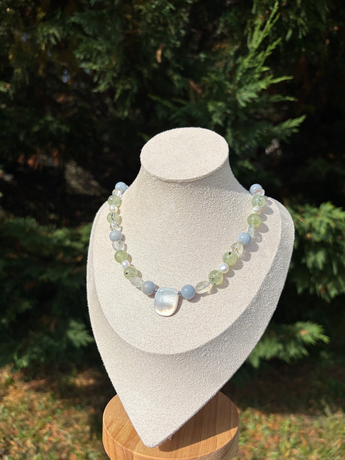 Prehnite, Angelite, Topaz, Freshwater Pearl, and Black Lip Shell necklace