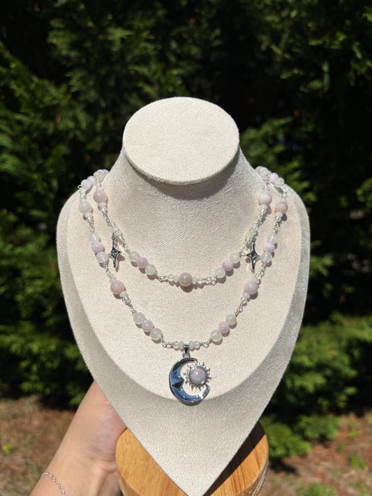 Kunzite, Topaz, White Jade Double tiered necklace