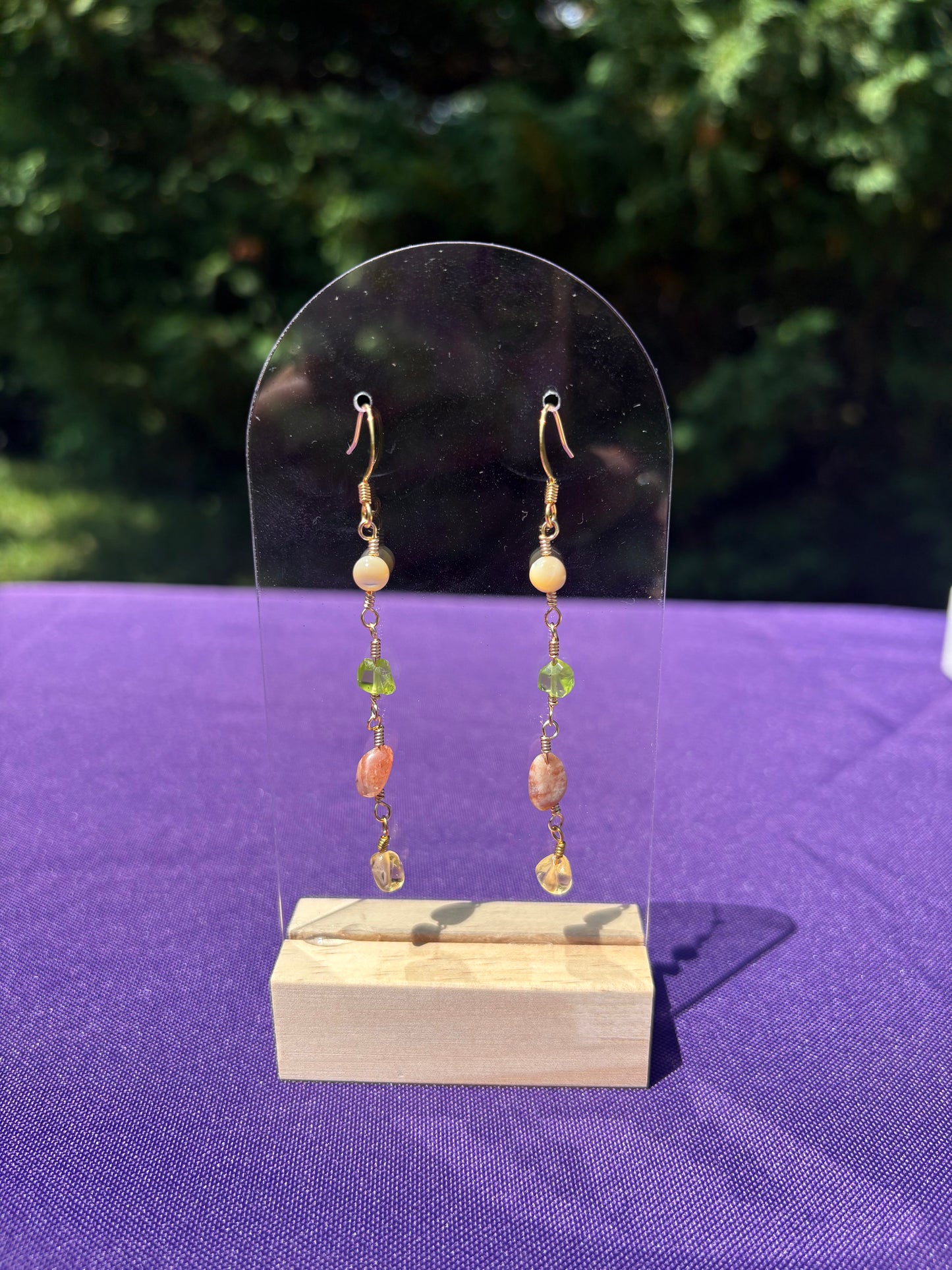 Mother of Pearl, Peridot, Sunstone, and Citrine Earrings