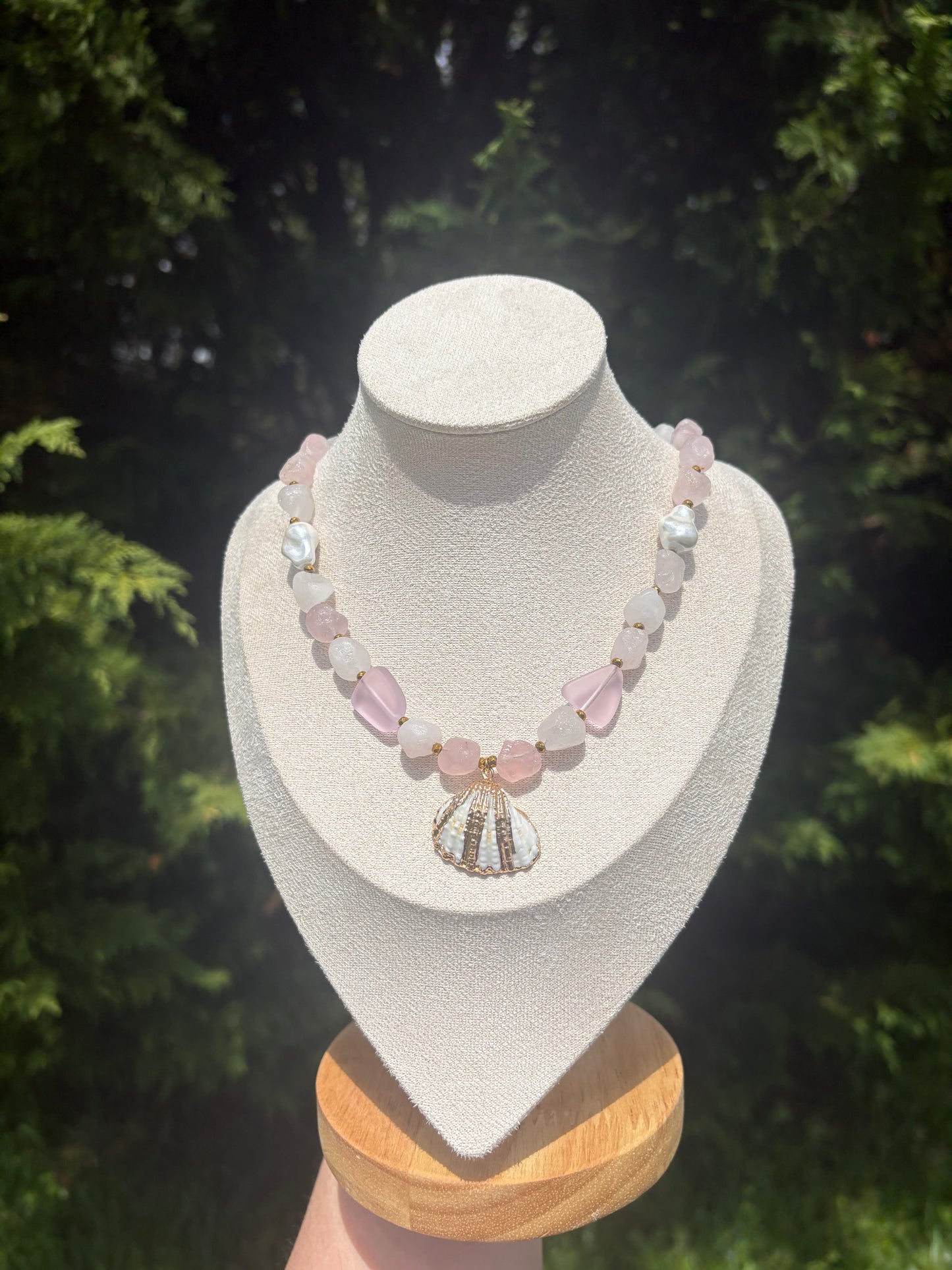 Gold Hematite, Rose Quartz, Blossom Sea Glass, Baroque Pearls, Arca Shell