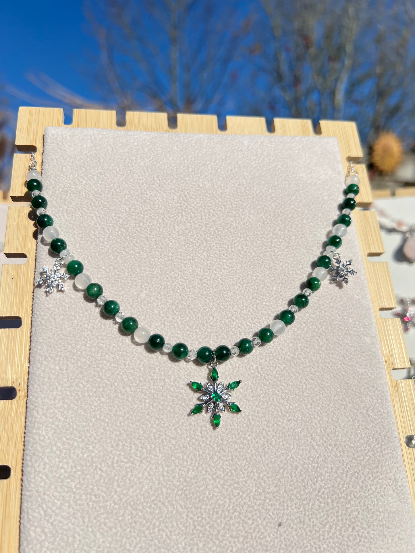 Green Muscovite & Selenite & Topaz & White Jade festive necklace