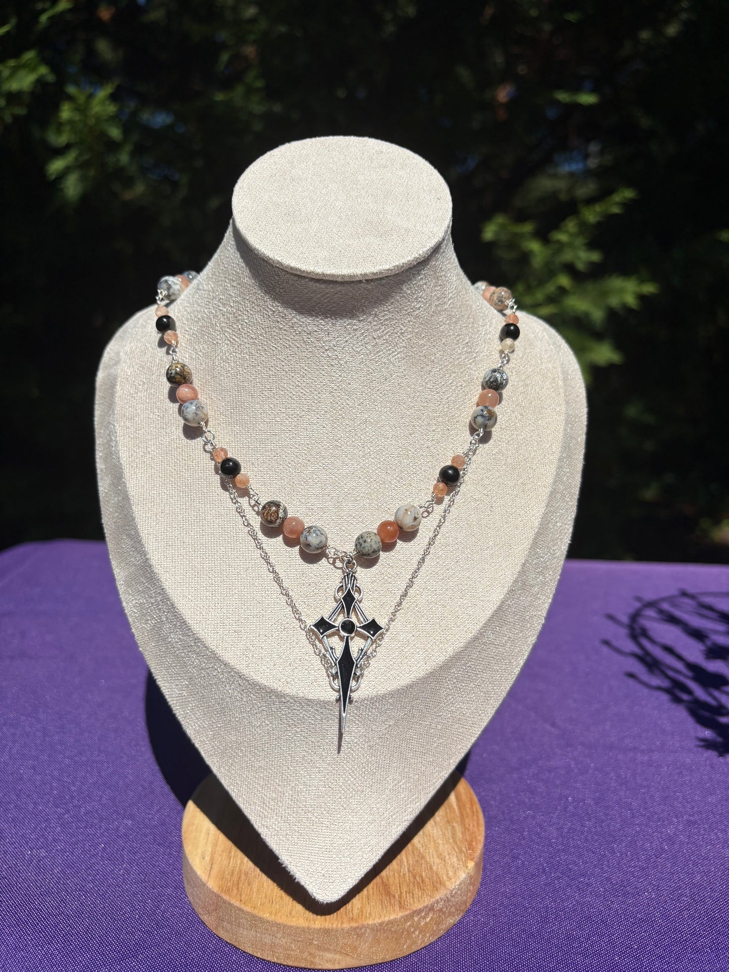 Peach Moonstone, Dendritic Opal, Jet, Sunstone Spooky necklace