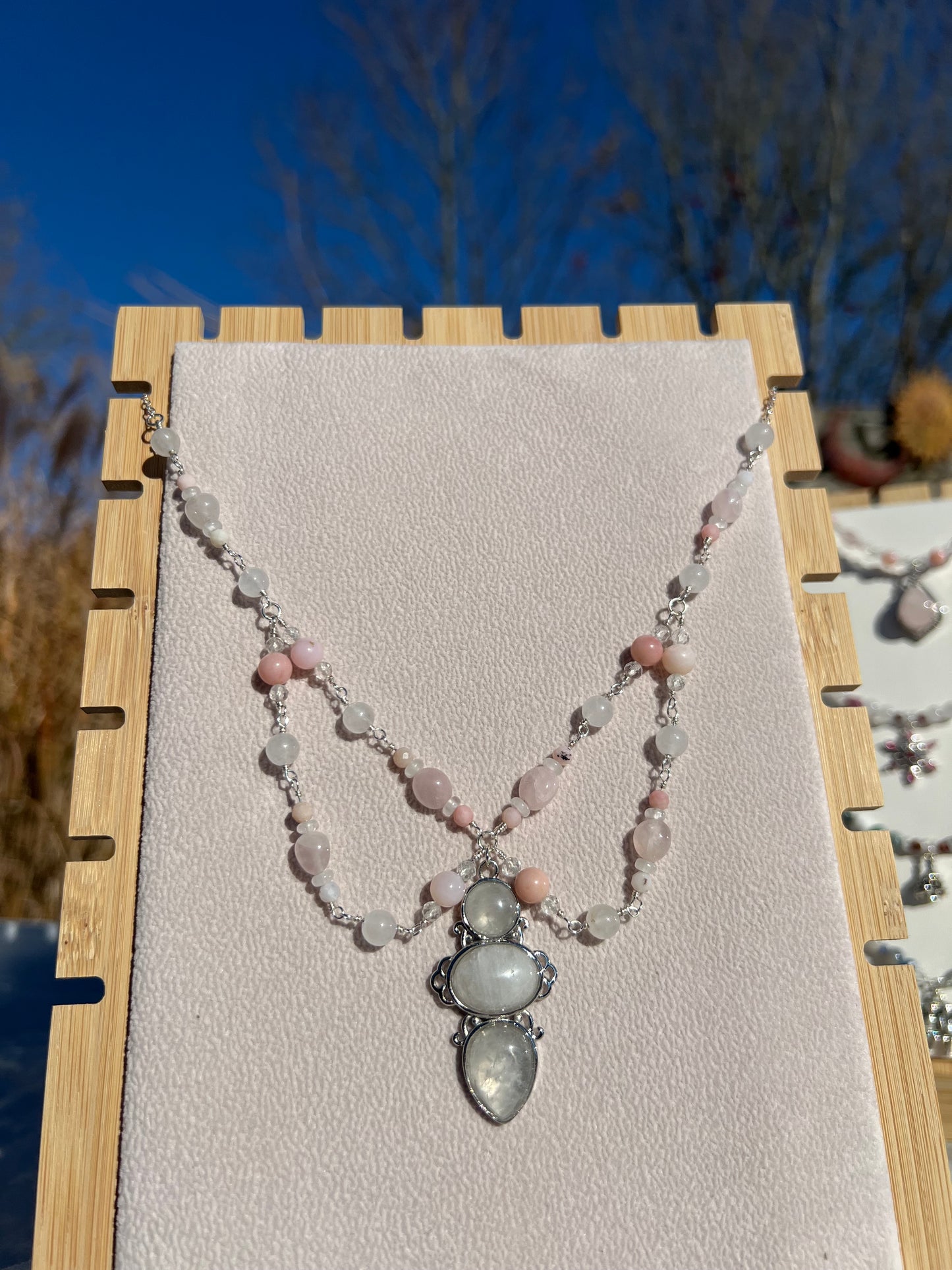 White Jade & Rose Quartz & Pink Opal & Clear Quartz festive necklace