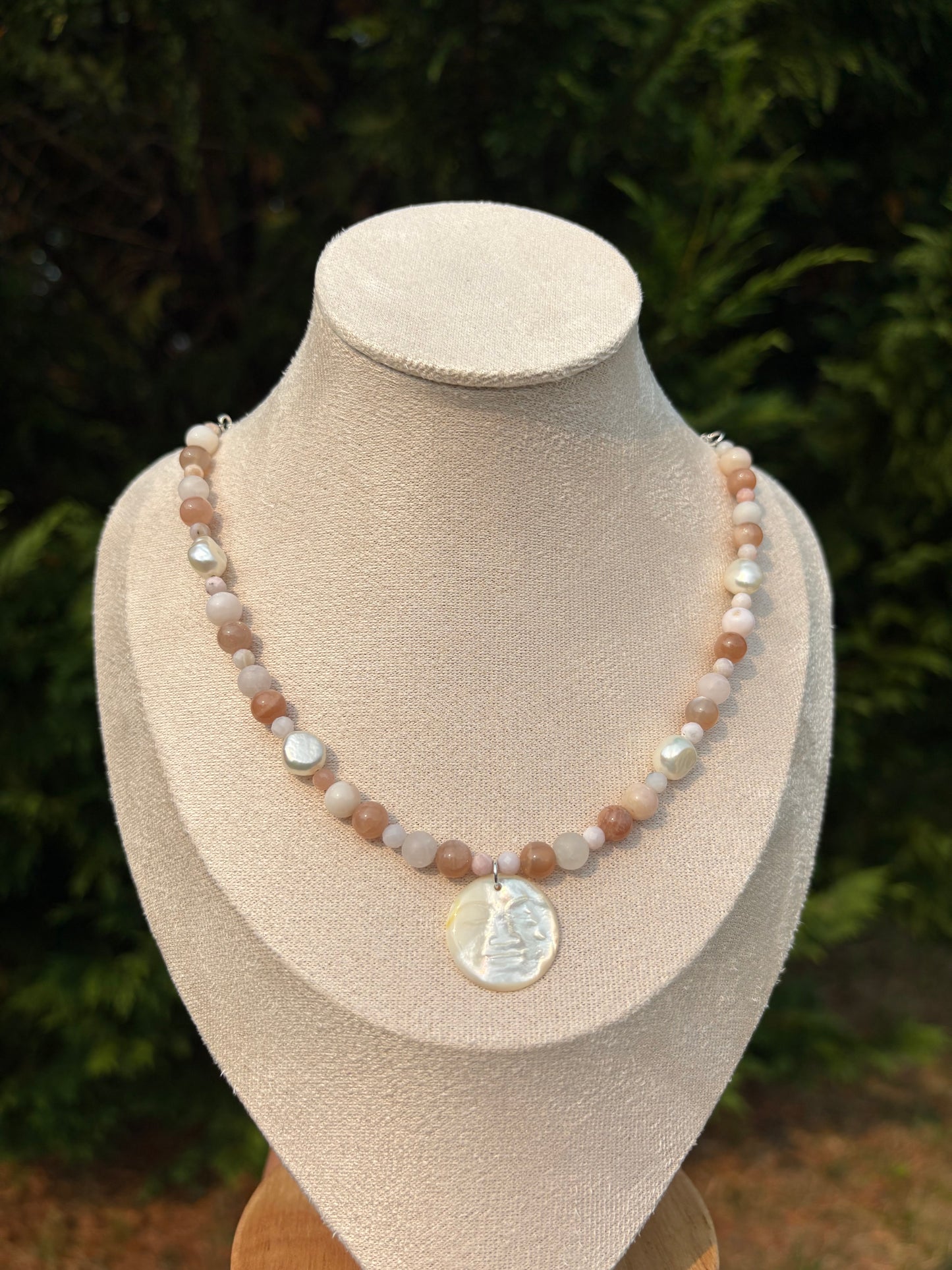 Peach Moonstone, Peruvian Pink Opal, Freshwater Pearl, Mother Of Pearl Moon Face necklace