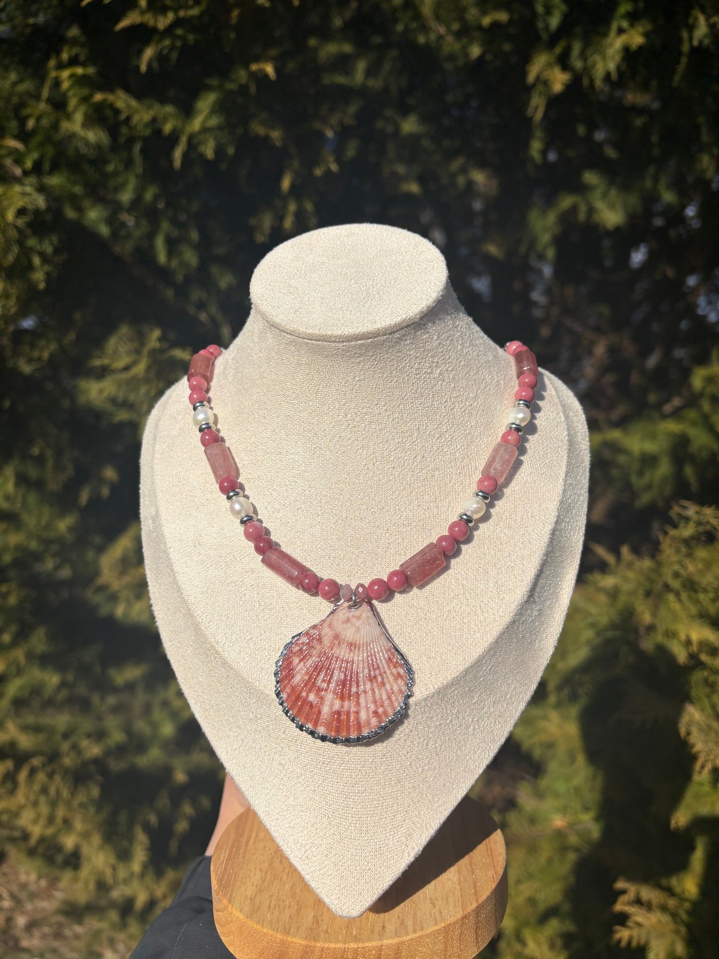 Pink Pectin Shell, Rhodonite, Strawberry Quartz, Freshwater Pearl, Pink Tourmaline Necklace