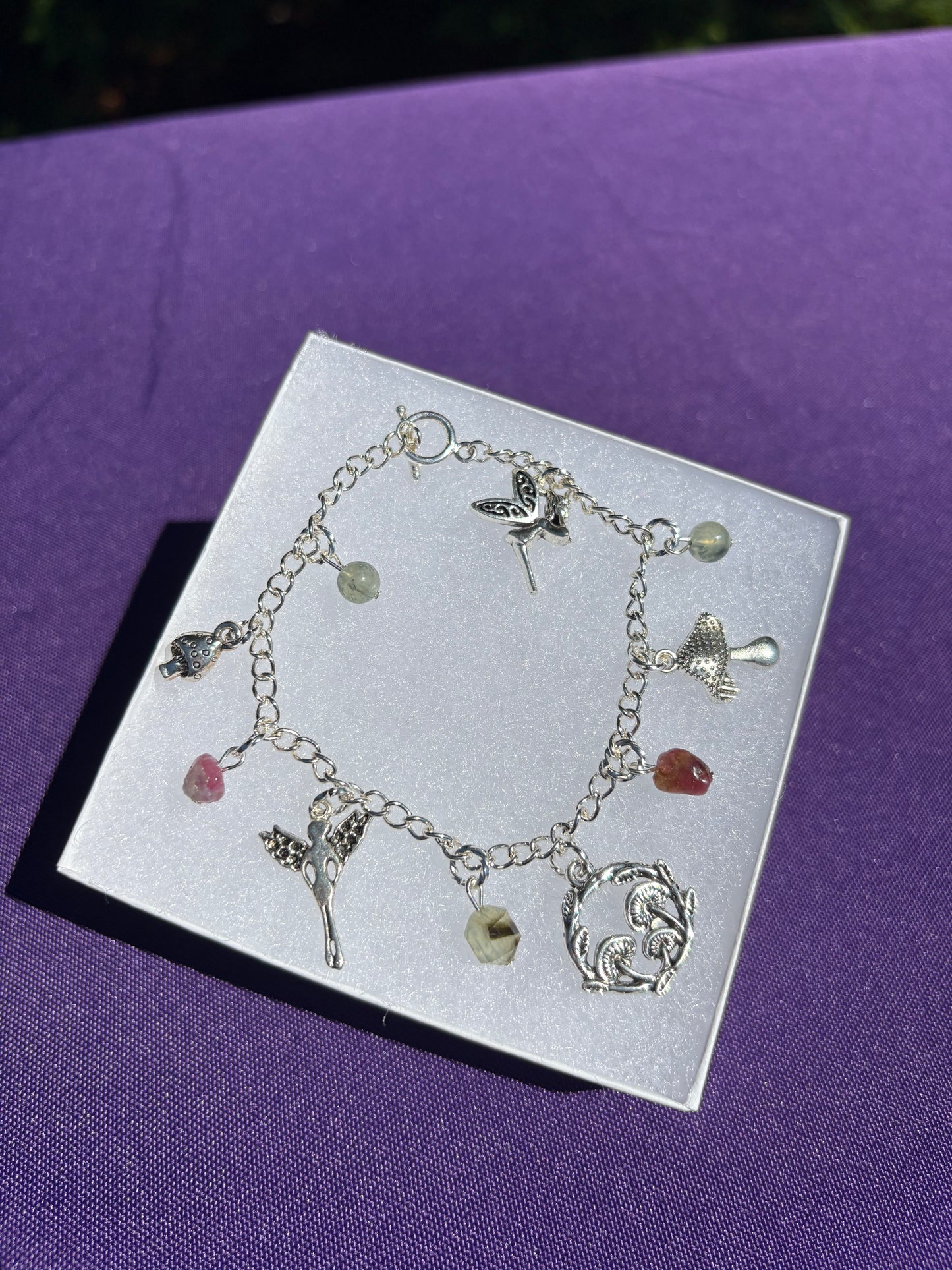 Pink Tourmaline & Prehnite Mushie Fairies Charm Bracelet