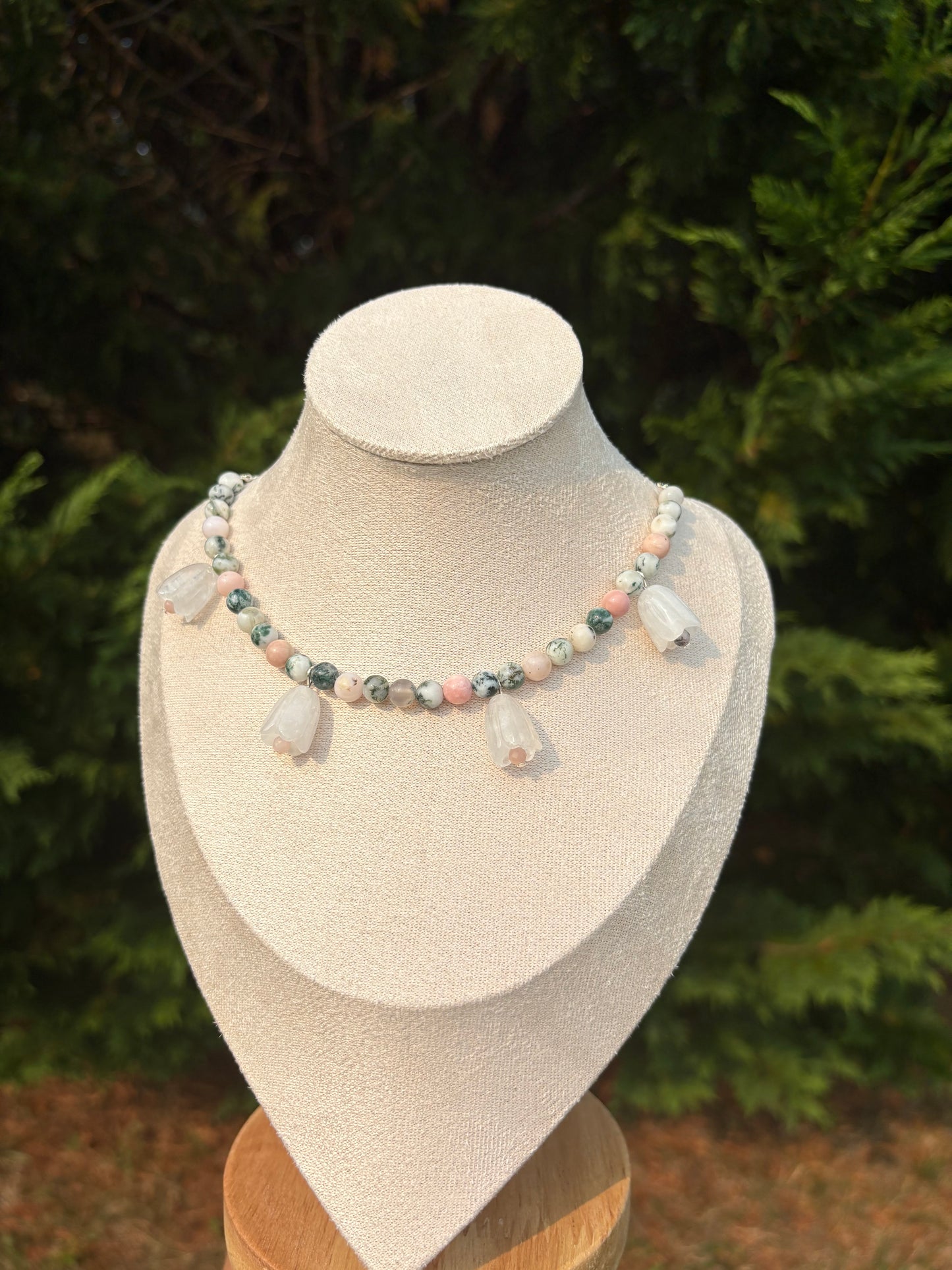 Moss Agate & Peruvian Pink Opal & White Quartz flower necklace