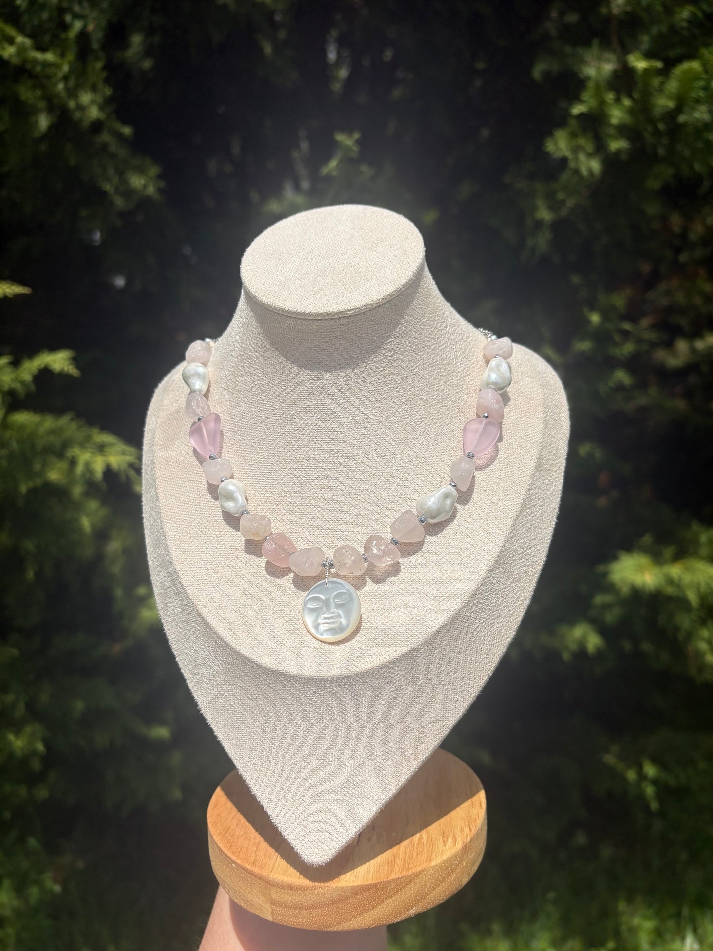 Silver Hematite, Rose Quartz, Blossom Sea Glass, Baroque Pearl necklace