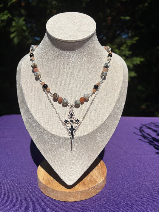 Peach Moonstone, Dendritic Opal, Jet, Sunstone Spooky necklace