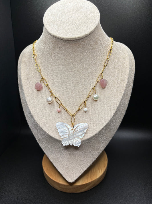 Queen Conch Shell, Rose Quartz, Freshwater Pearl, and Mother of Pearl 18k Gold charm necklace