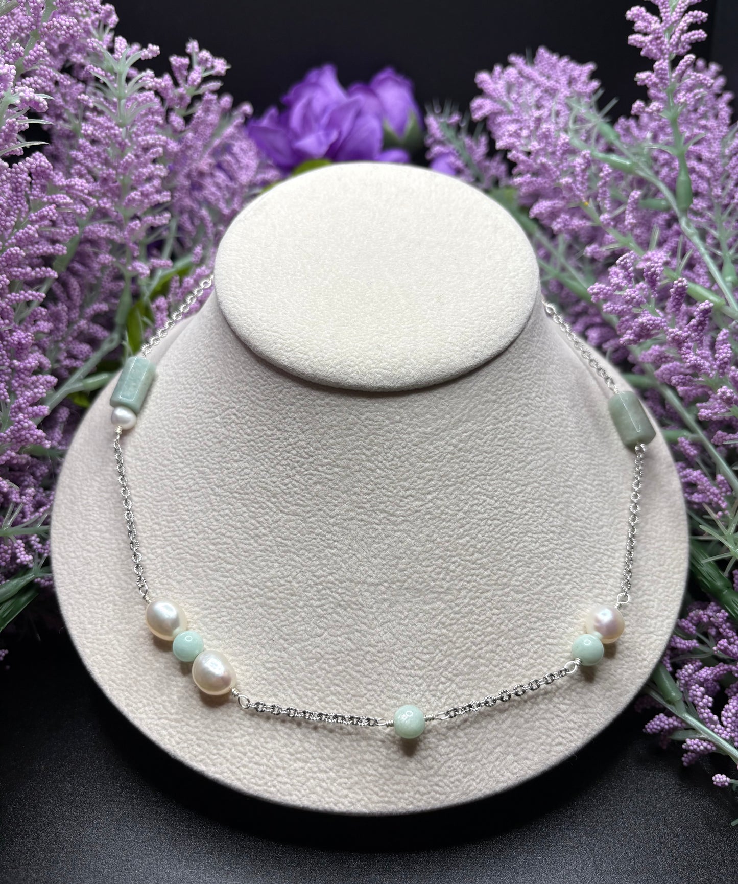 Amazonite & Freshwater Pearl asymmetrical necklace